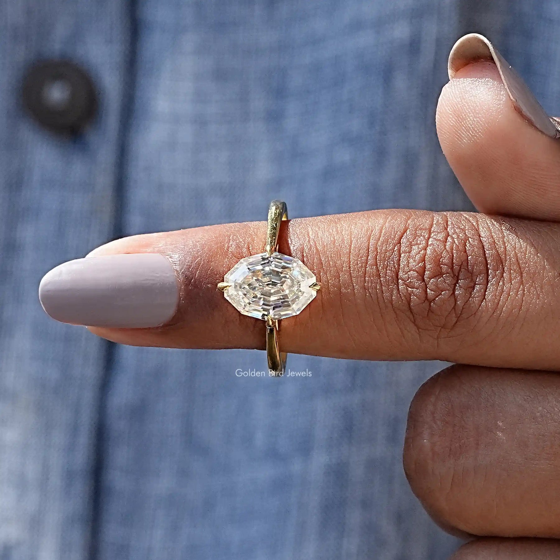 In finger front View of Oval Cut Moissanite Ring In Yellow Gold