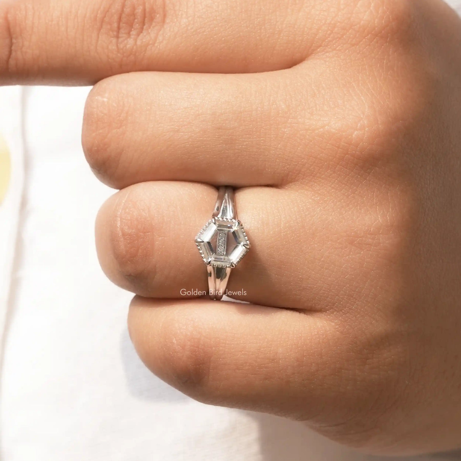 Portrait Hexagon Cut Moissanite Ring In White Gold