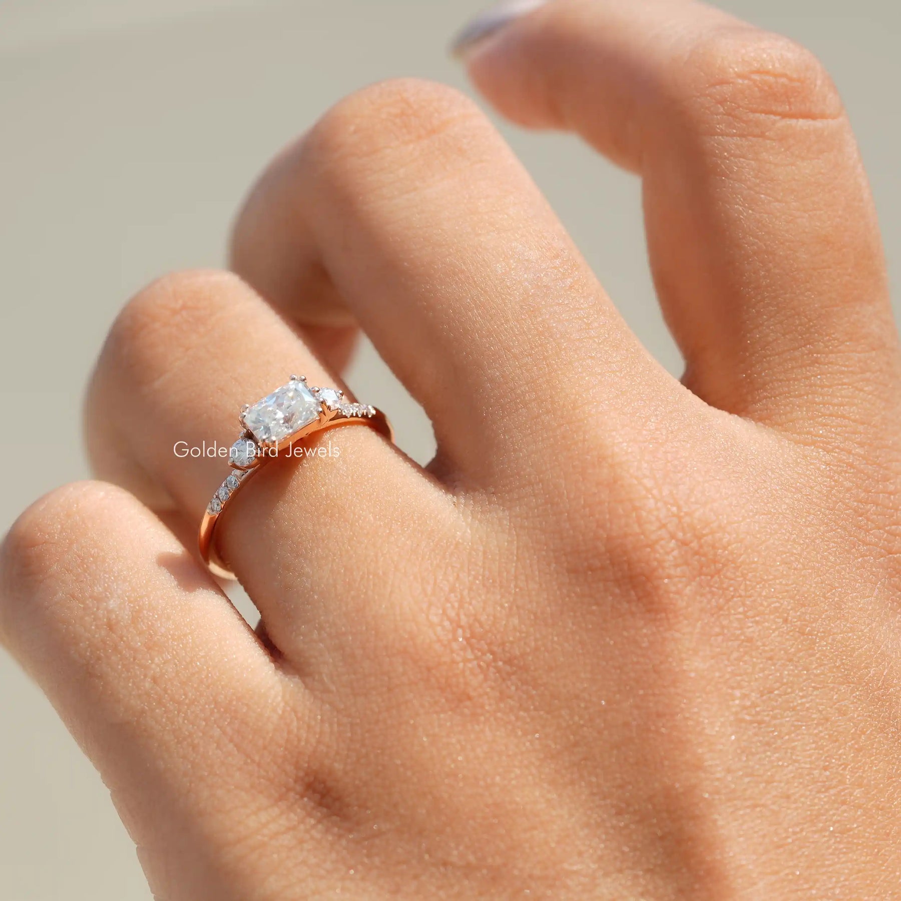 View of Colorless Radiant Cut Moissanite Ring In finger