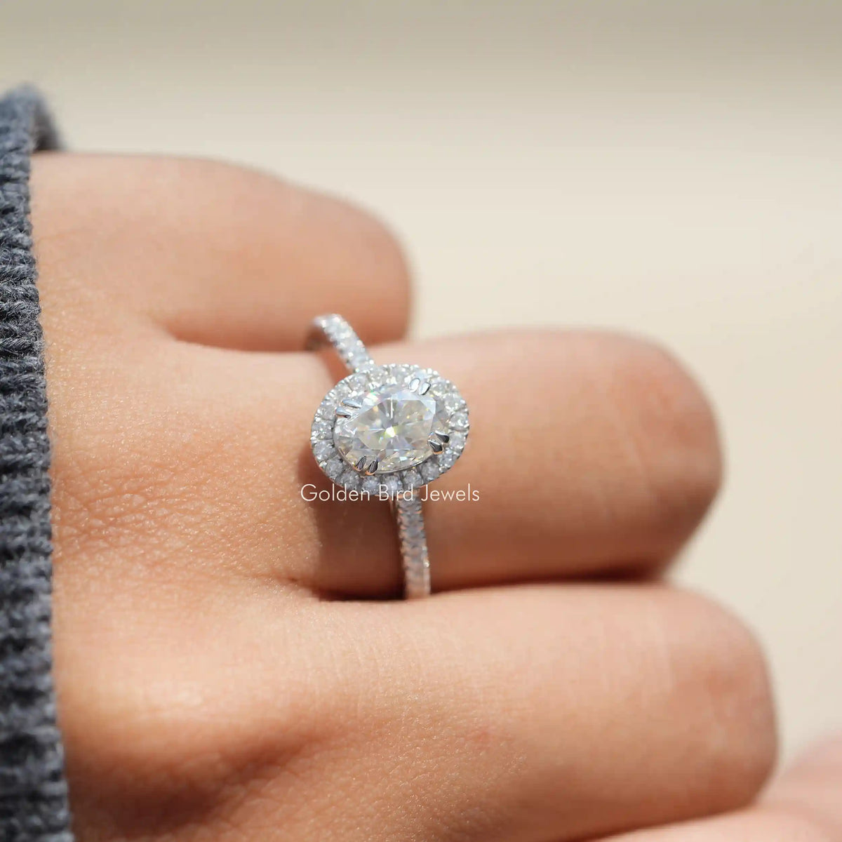 Crushed Ice Oval Moissanite Halo Accent Ring