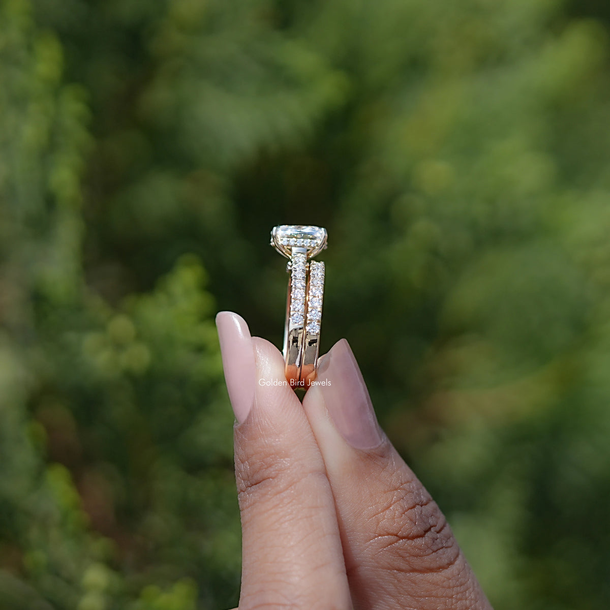 Side View of Engagement ring crafted With Crushed Ice Oval Moissanite