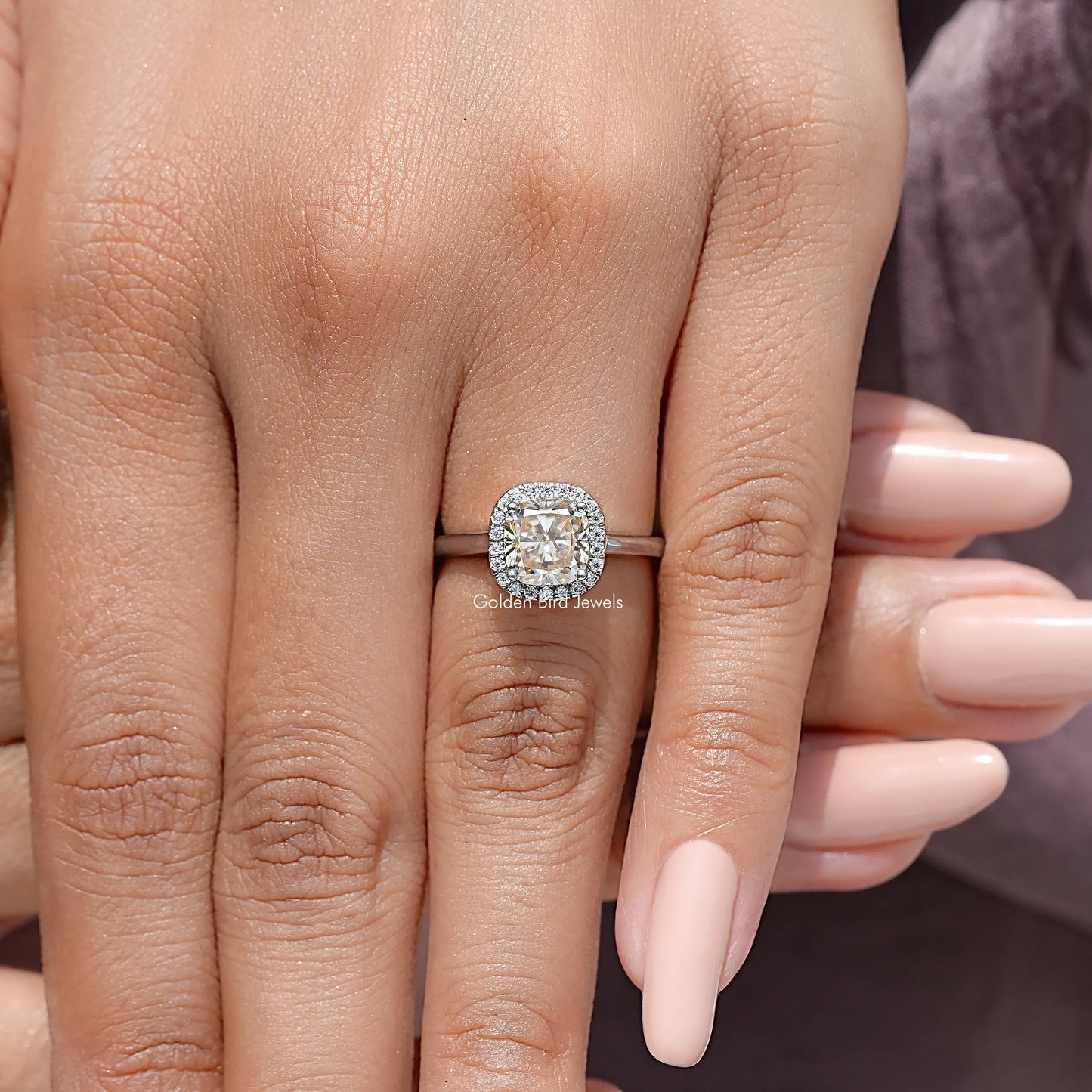 Champagne Old Mine Cushion Cut Moissanite Halo Ring