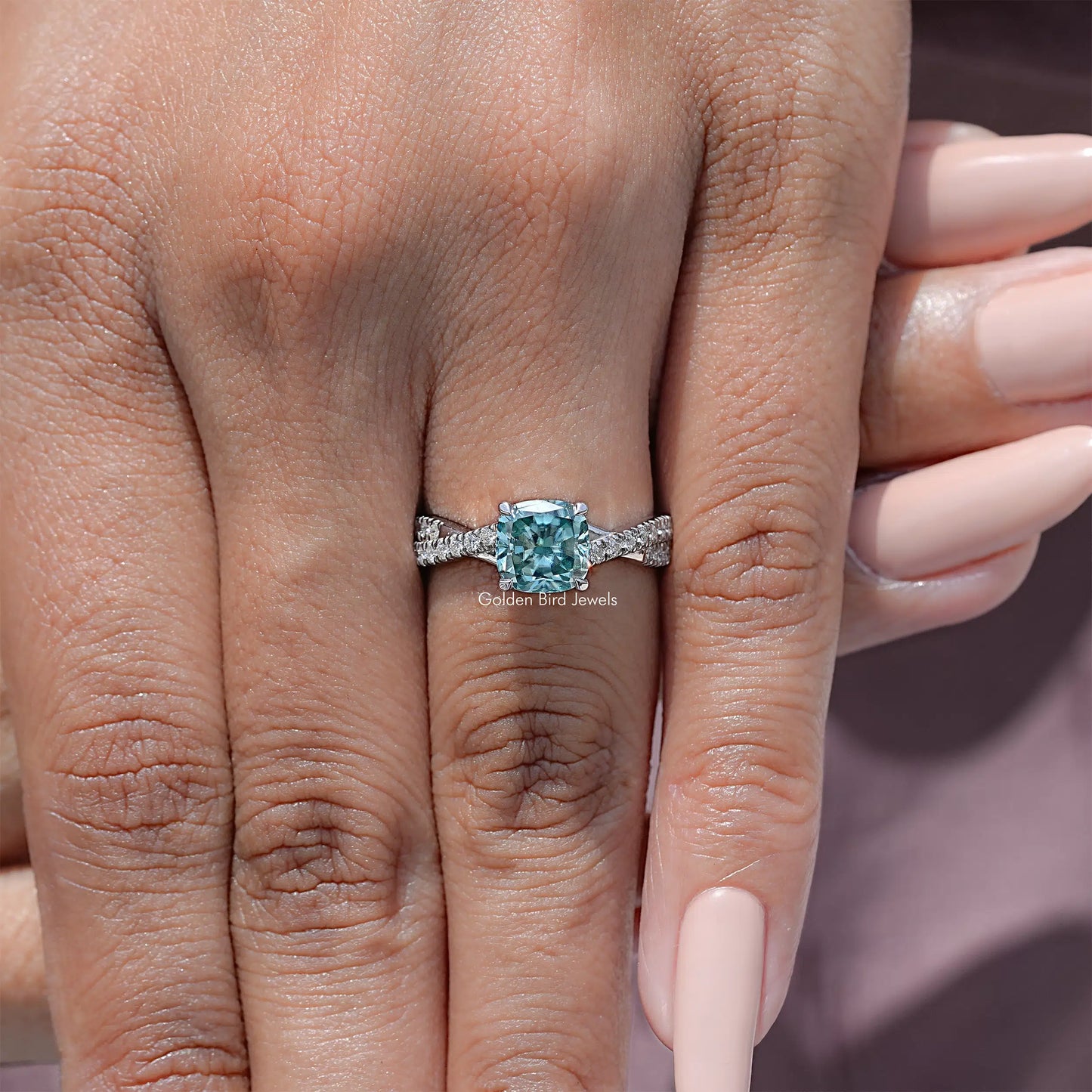 Cushion Moissanite Gemstone Twisted Accent Engagement Ring