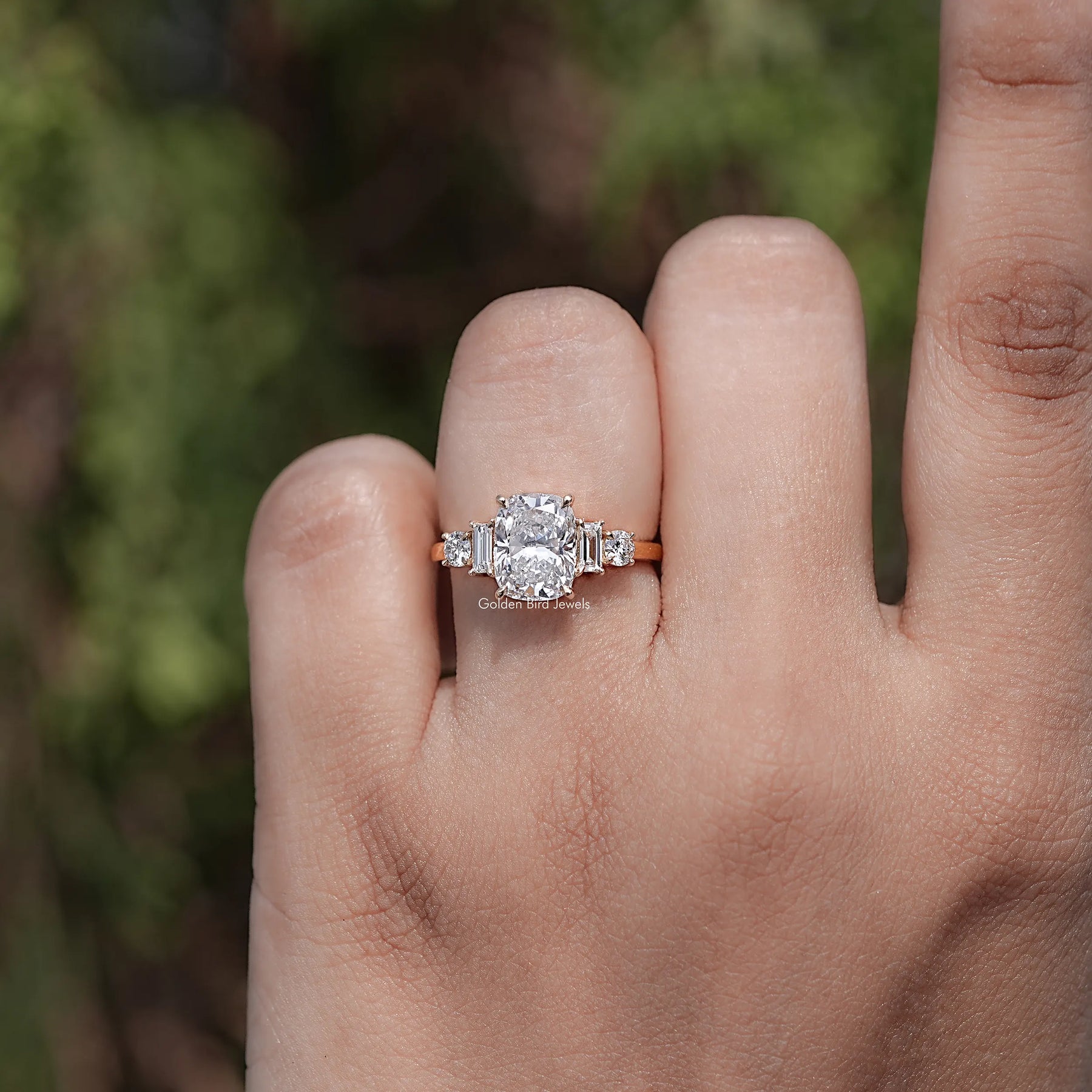 Front view of Cushion And Baguette Lab Diamond Five Stone Ring