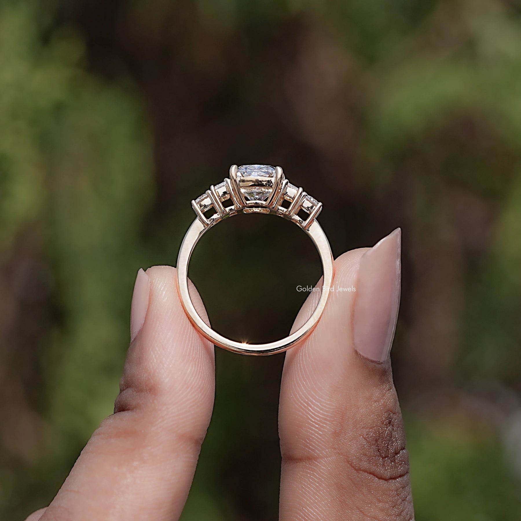 Back view of Cushion And Baguette Lab Diamond Five Stone Ring