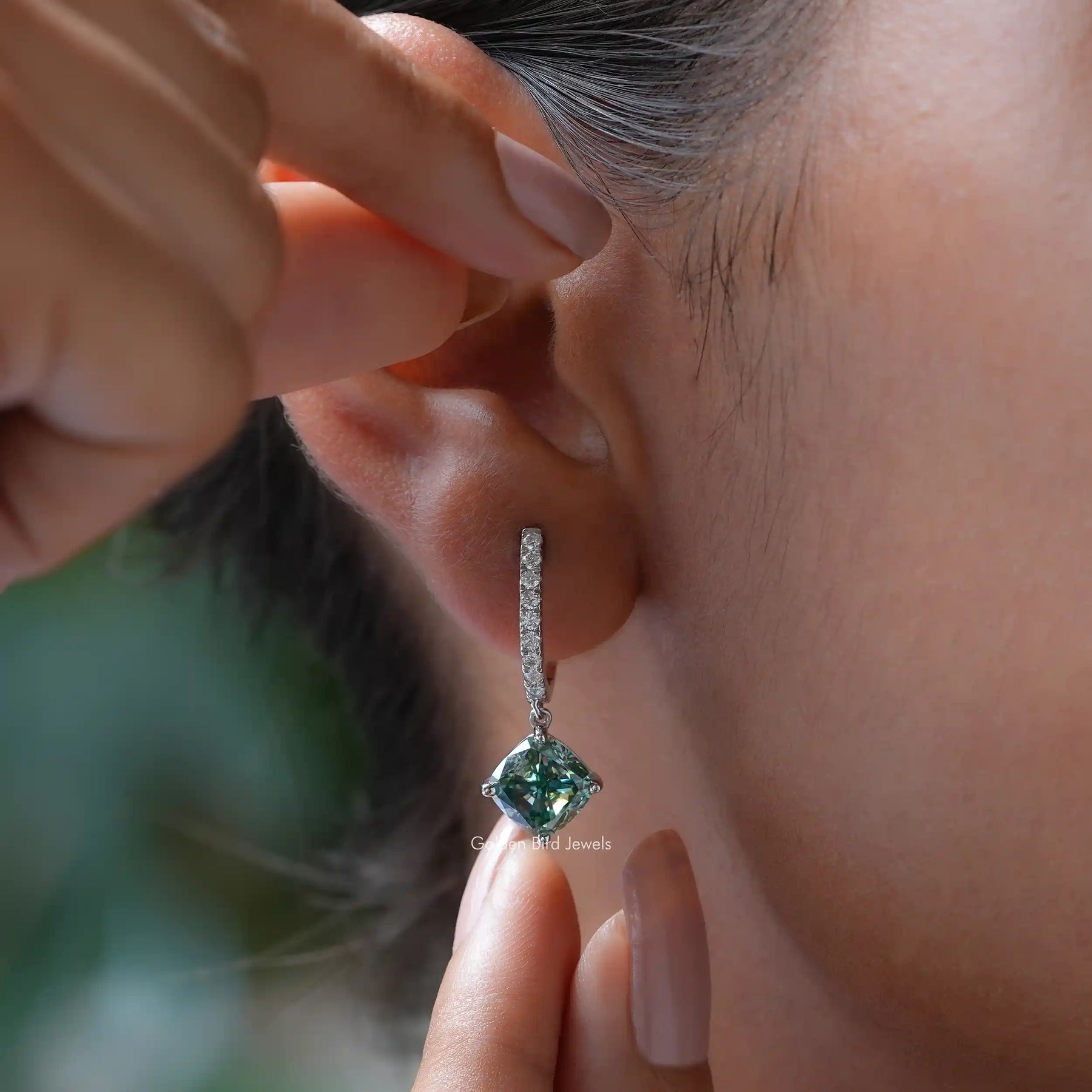 Cushion Cut Blue Green Moissanite Drop Dangle Earrings