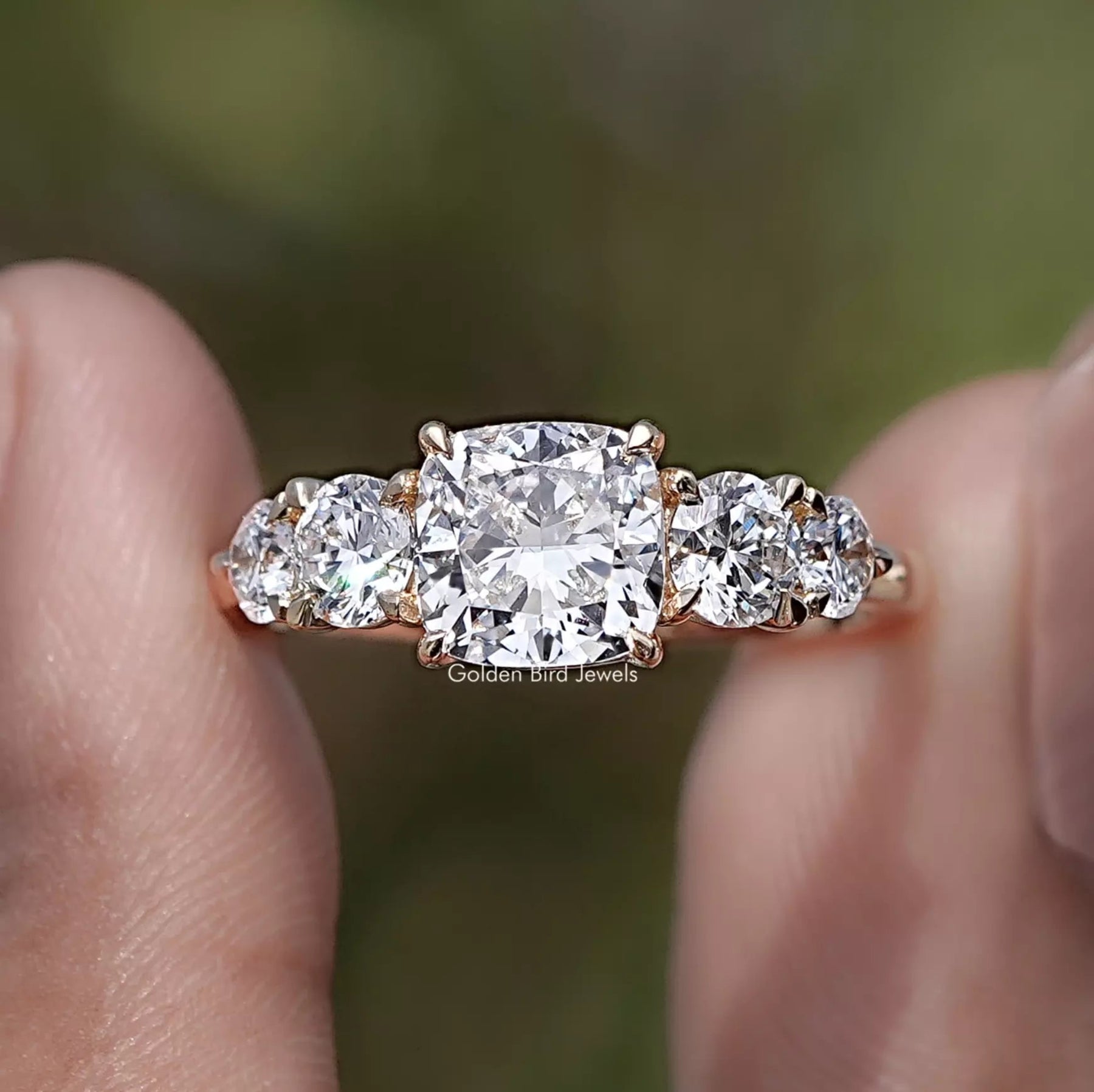 Cushion Cut Lab Diamond Five Stone Ring Ring in Two Fingers