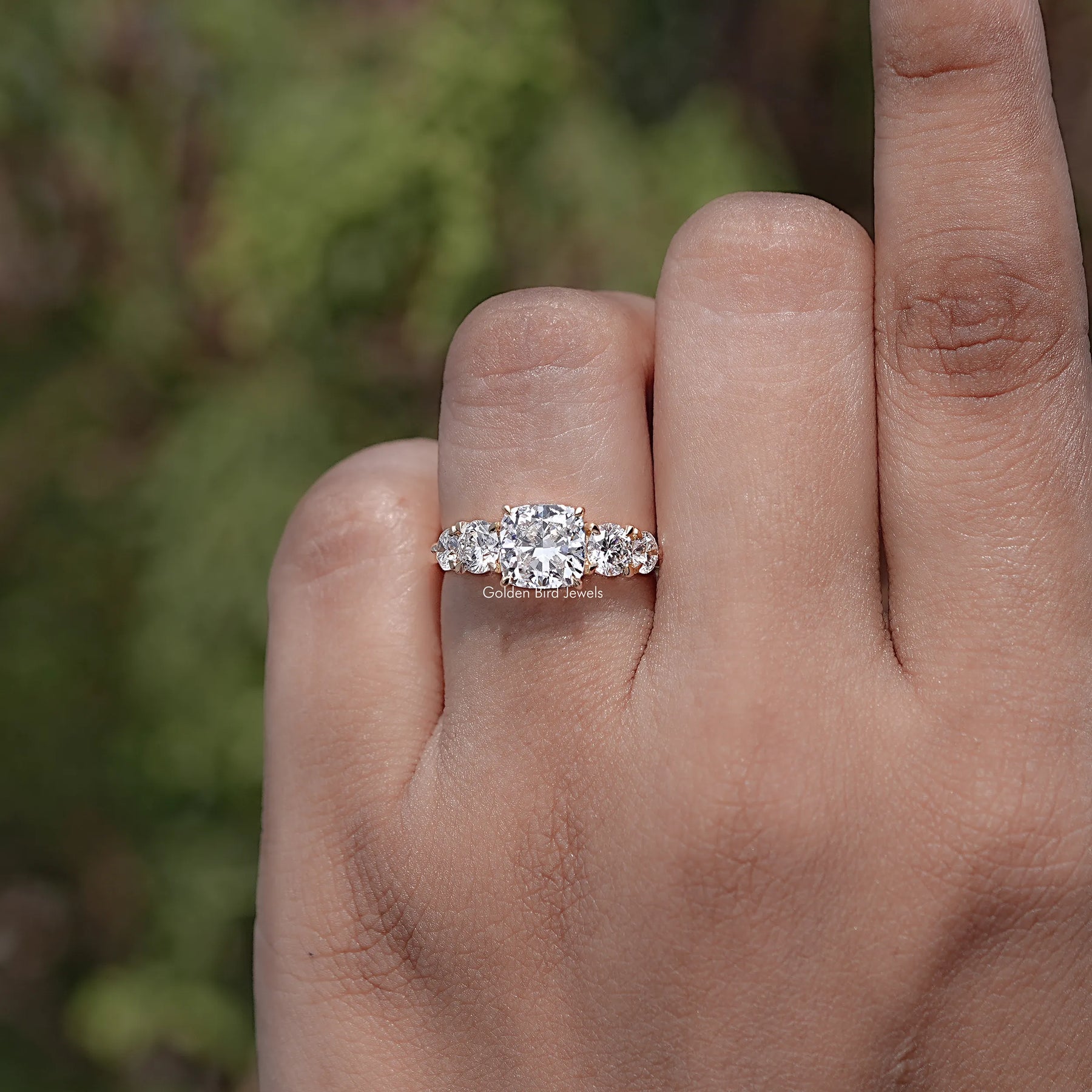 Top view of Cushion Cut Lab Diamond Five Stone Ring