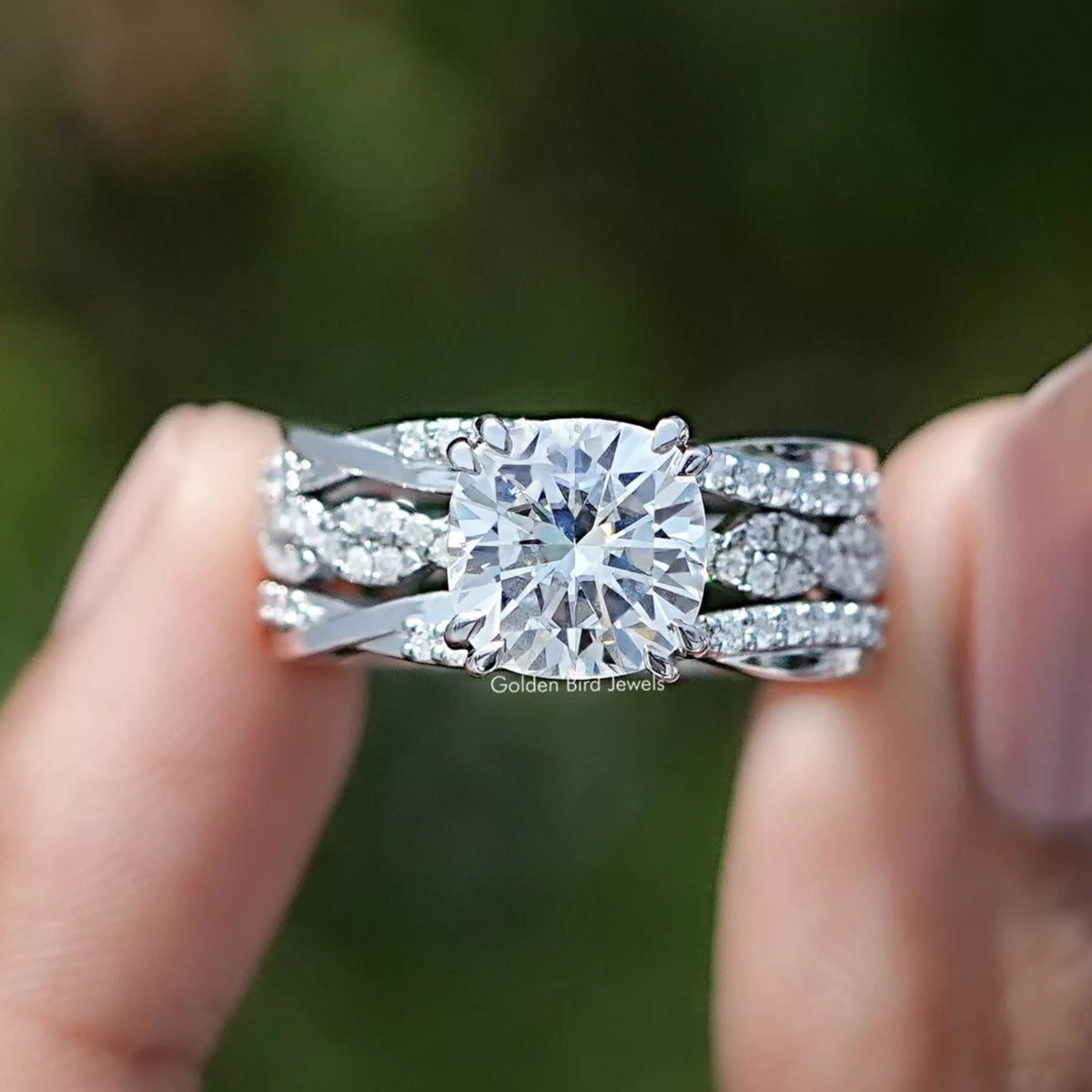 Front view of Cushion Cut Moissanite Accent Bridal Ring Set