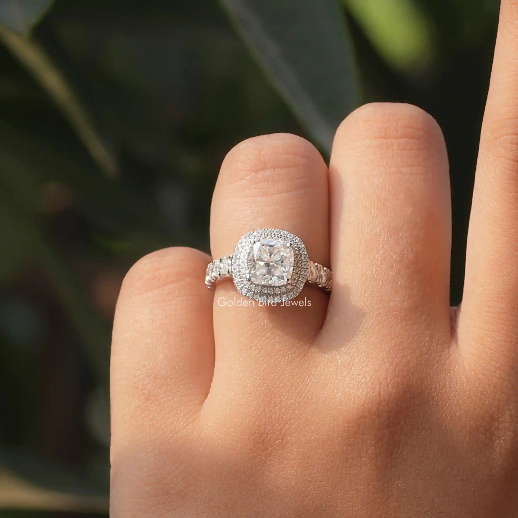 Moissanite Cushion Cut Double Halo Ring In White Gold