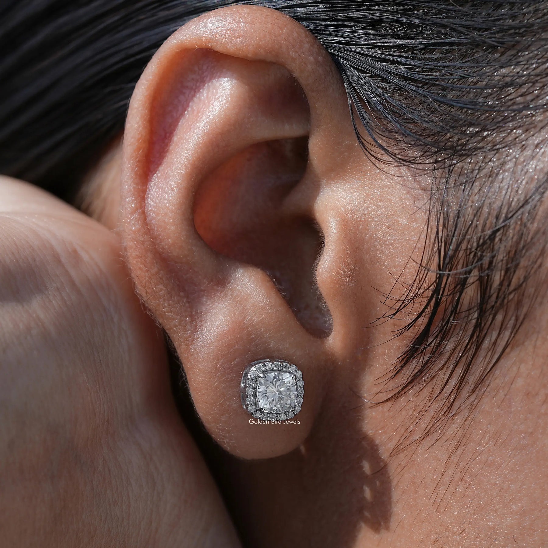 Close view of moissanite stud earrings in a Unique design