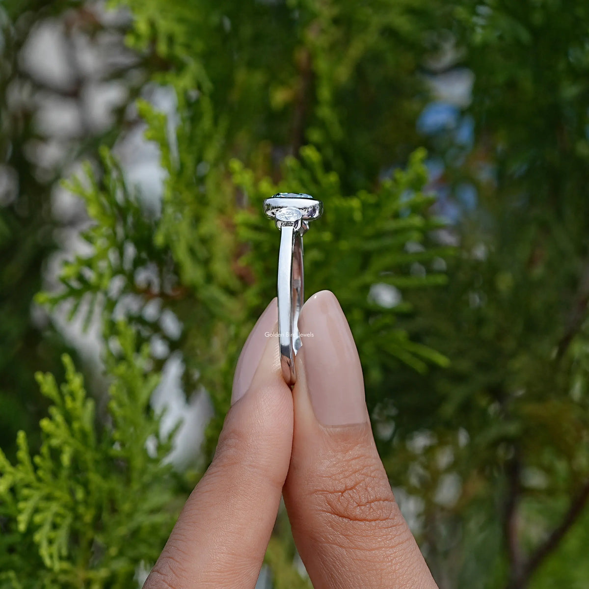 Side View of Cushion Cut Moissanite Engagement Ring