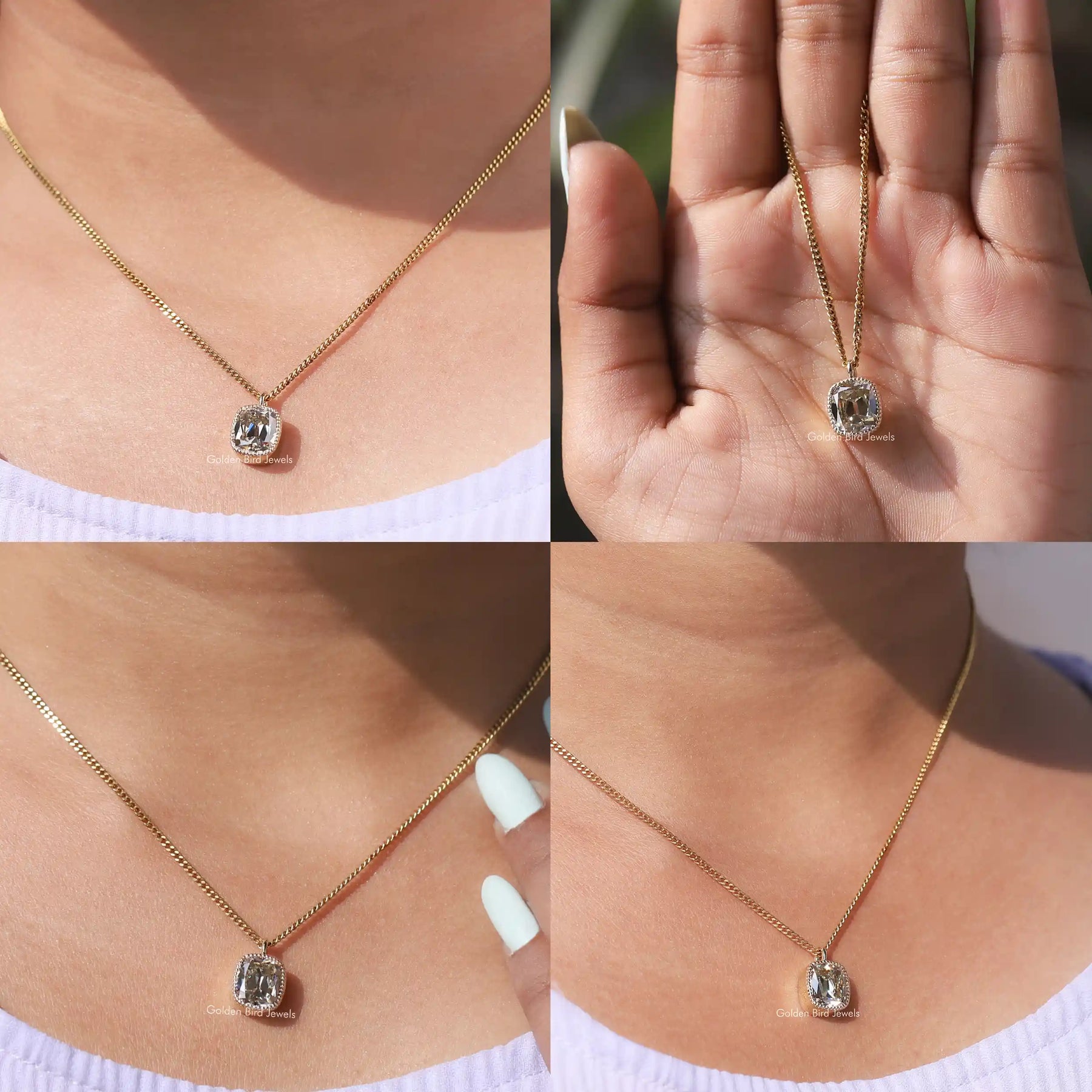 Front back side and close view of solitare moissanite pendant