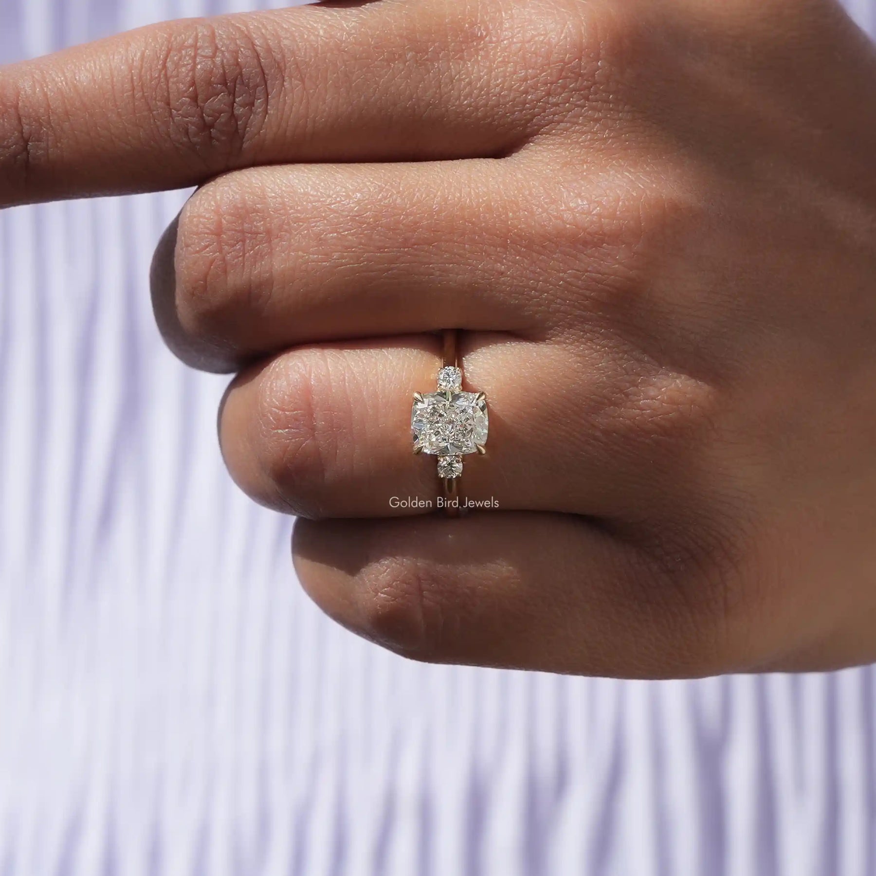 Front View of Lab Diamond Cushion Shaped Ring In Yellow Gold