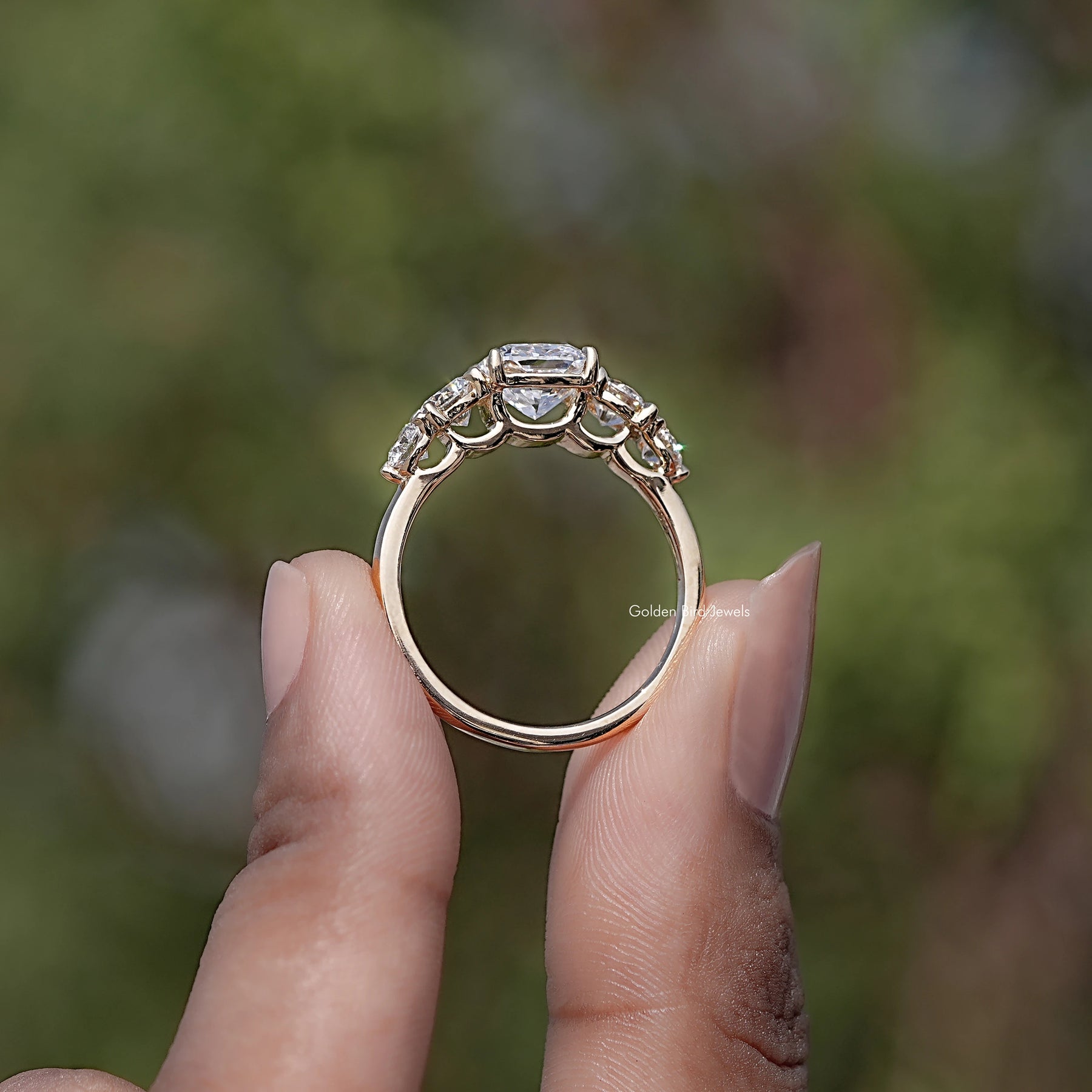 Back view of Cushion Cut Lab Diamond Five Stone Ring