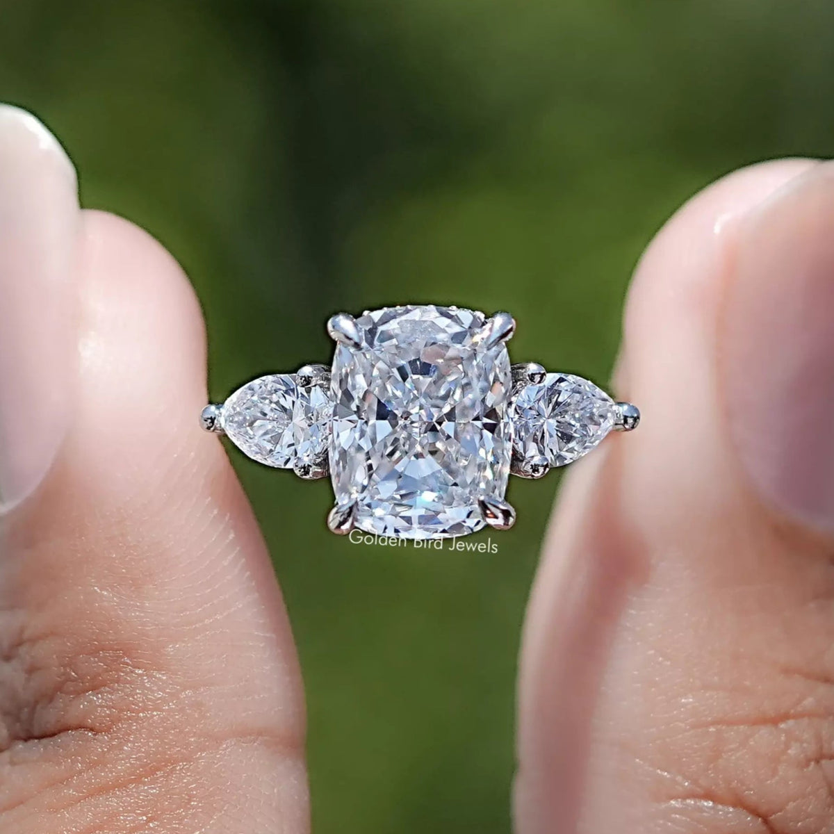 Cushion Lab Diamond Three Stone Hidden Halo Ring In Two Fingers