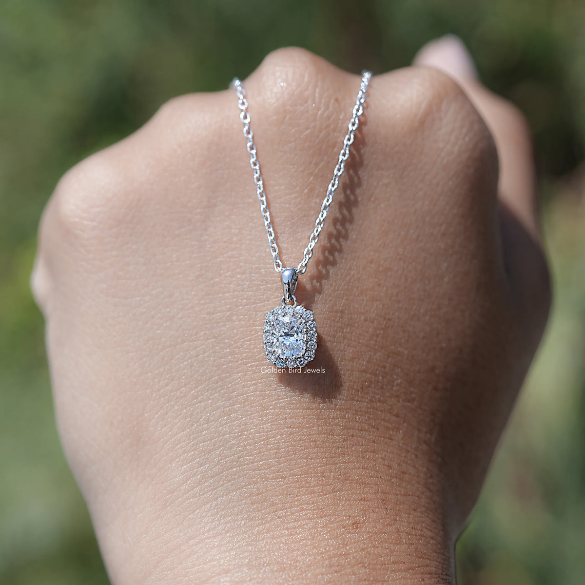 Front View of Cushion Cut Halo Pendant In Lab Grown Diamond