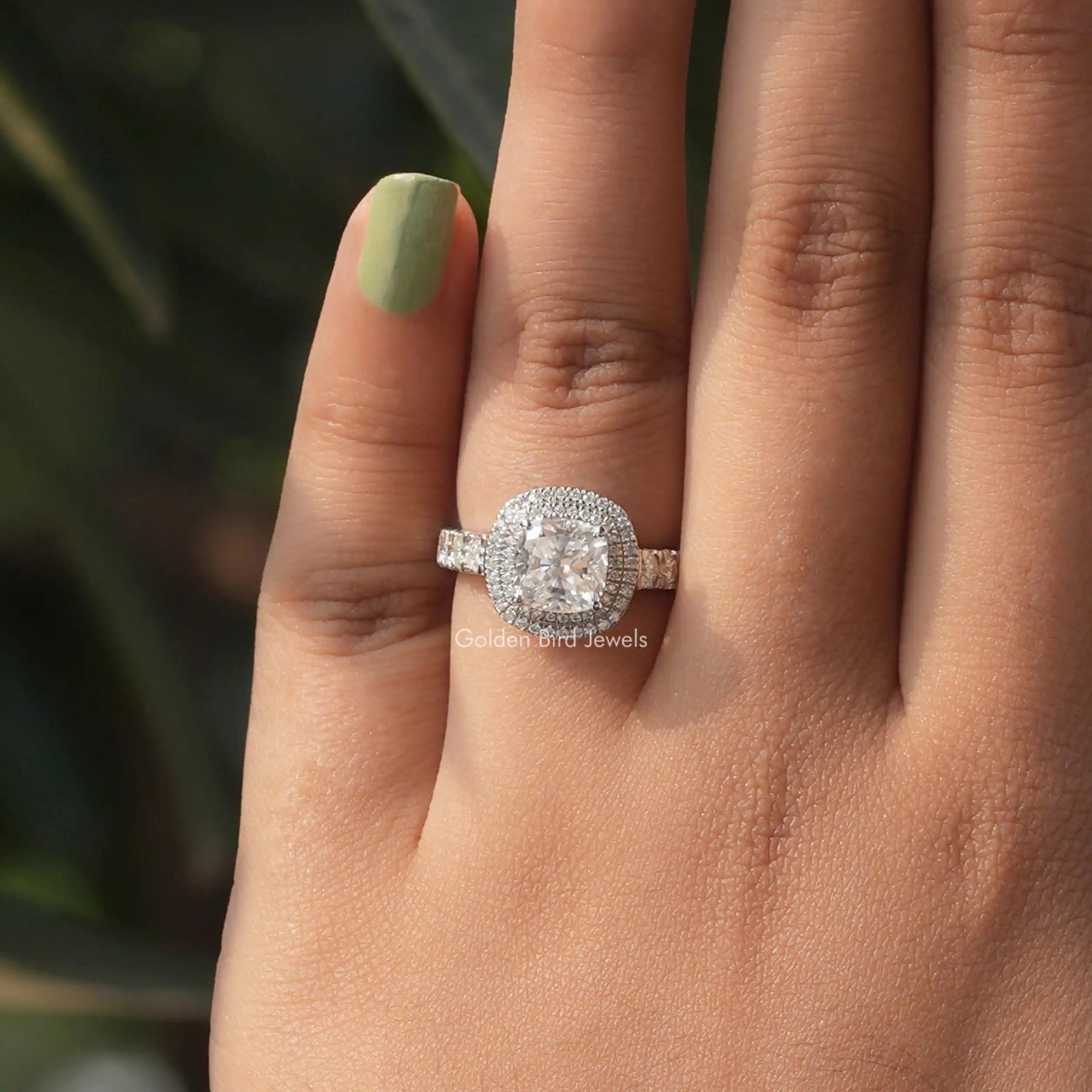 View of Colorless Cushion Cut Double Halo Ring In White Gold