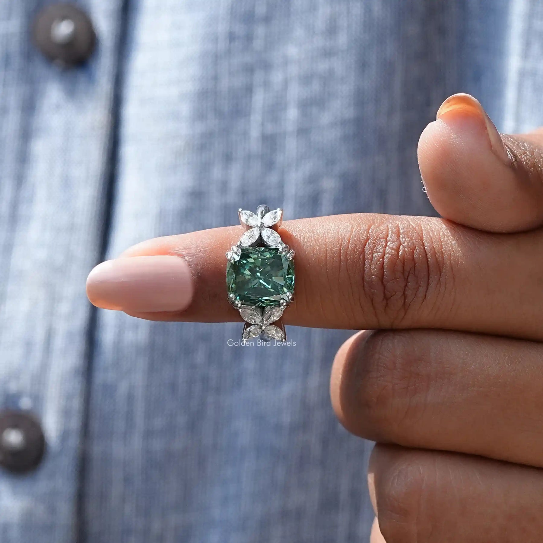 In finger front View of Cushion Cut Moissanite Engagement Ring