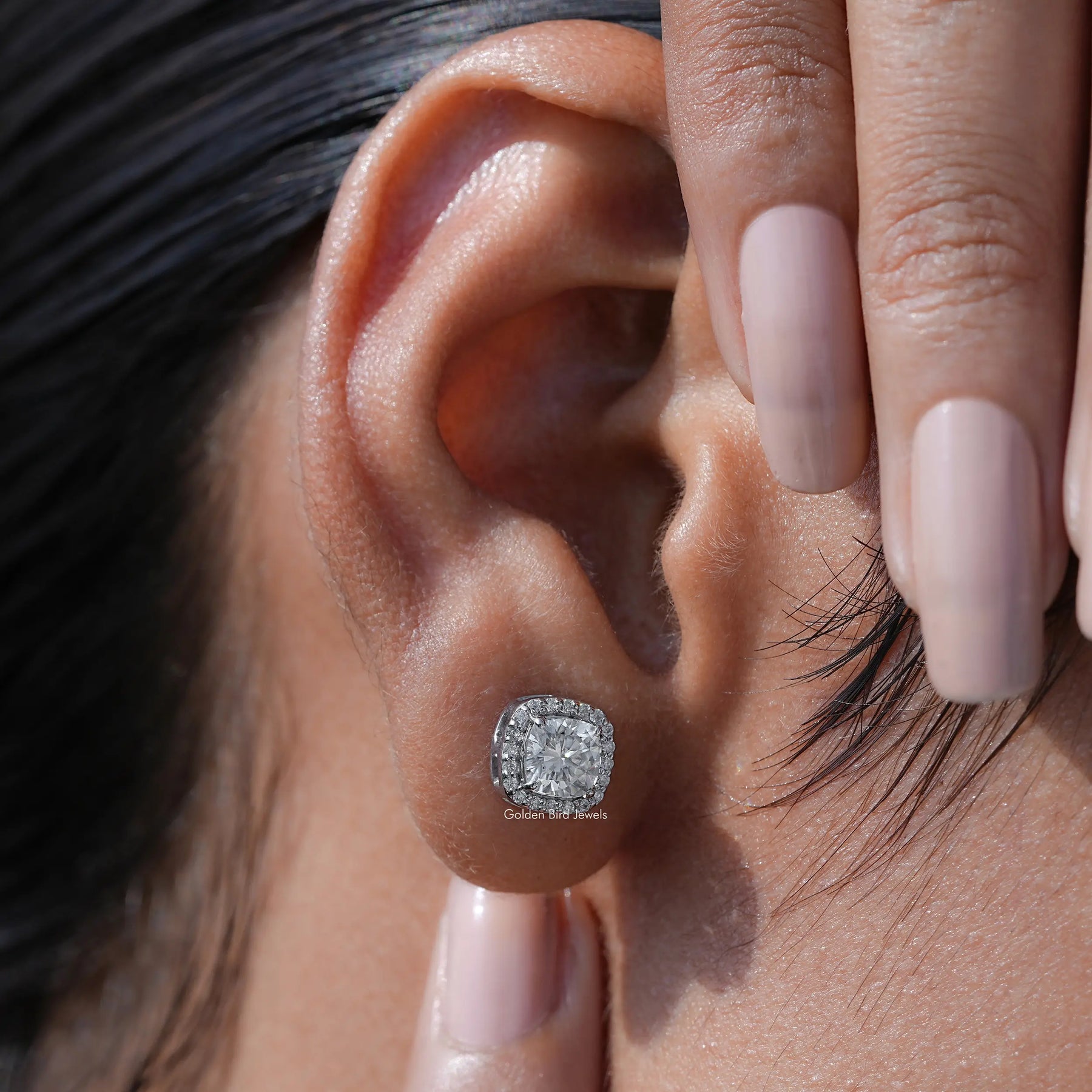 Colorless Halo moissanite stud earrings for women