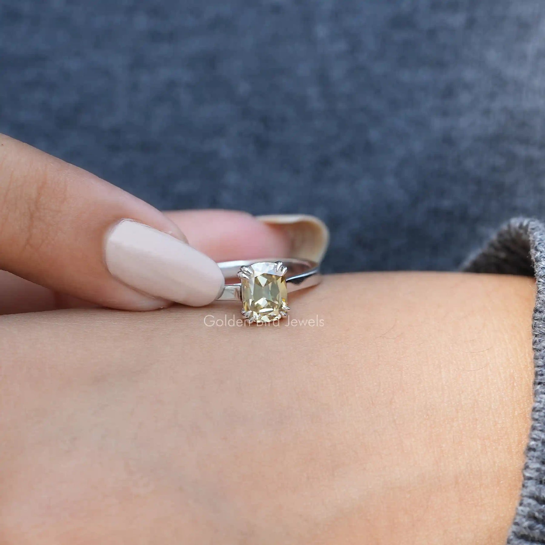 View of Cushion Cut Solitaire Moissanite Ring In White Gold