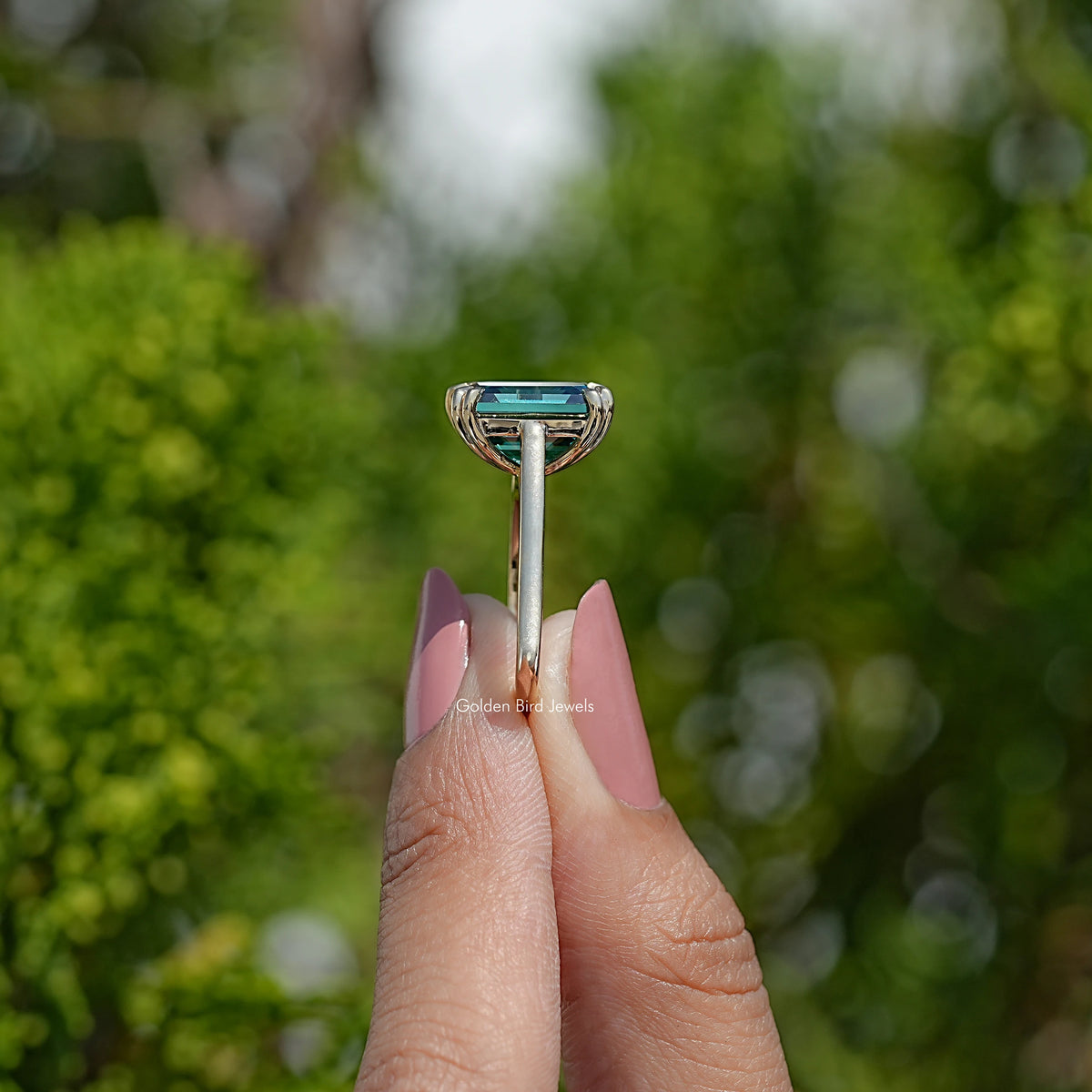Dark Green Emerald Cut Moissanite Engagement Ring