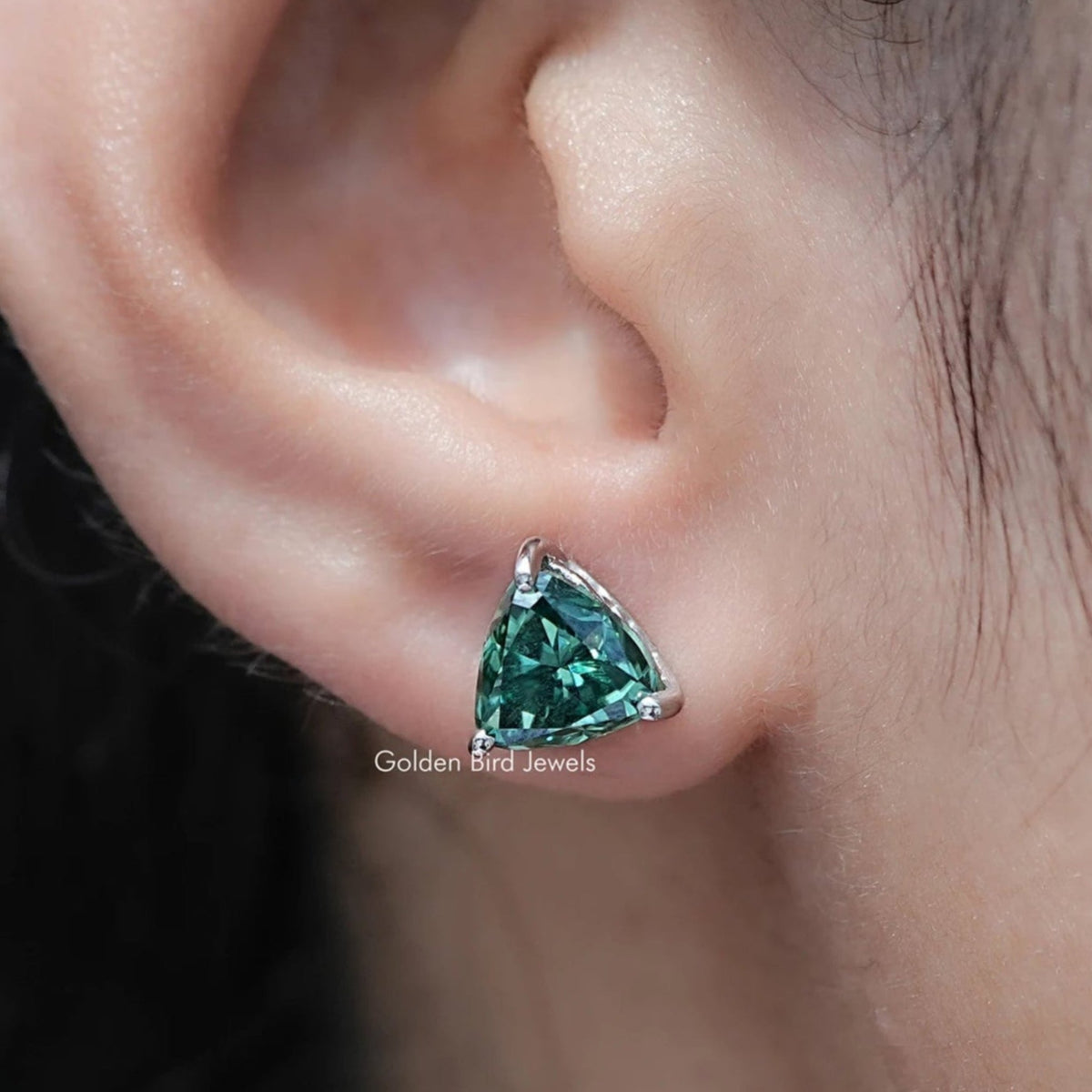 Dark Green Trillion Cut Moissanite Stud Earrings