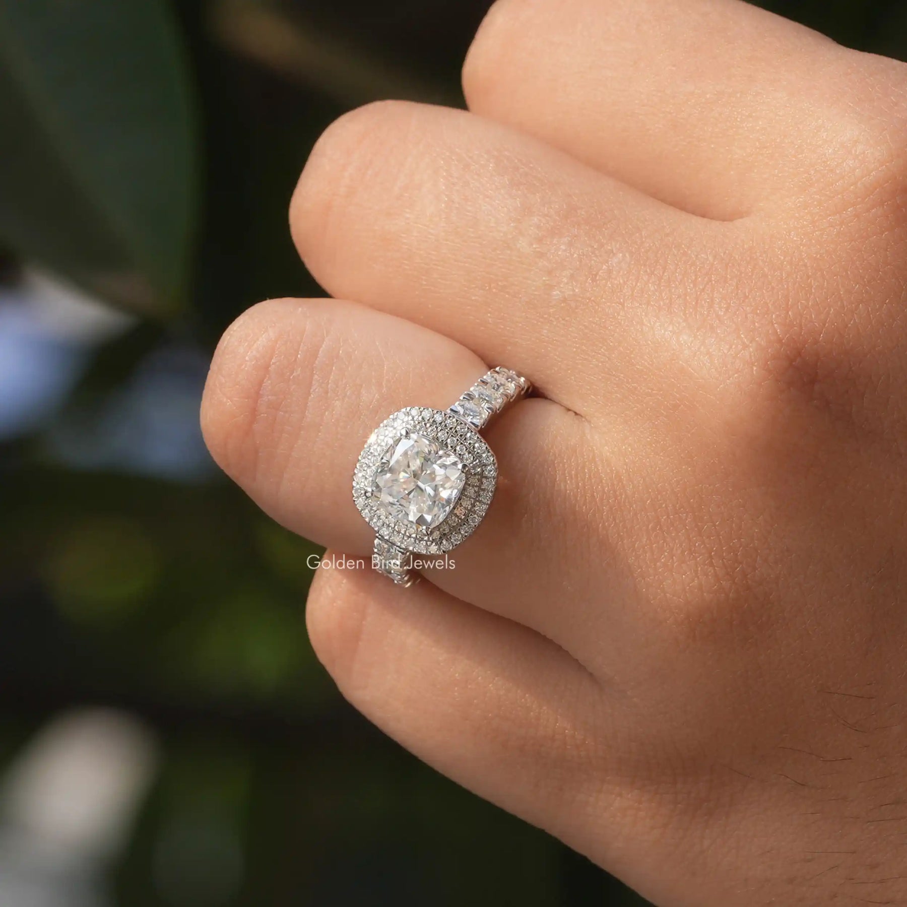 View of Cushion Cut Moissanite Double Halo Ring In White Gold