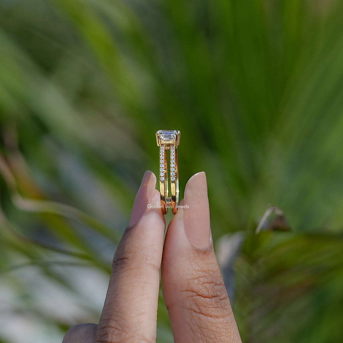 Side View of Engagement ring crafted With Emerald Cut Moissanite