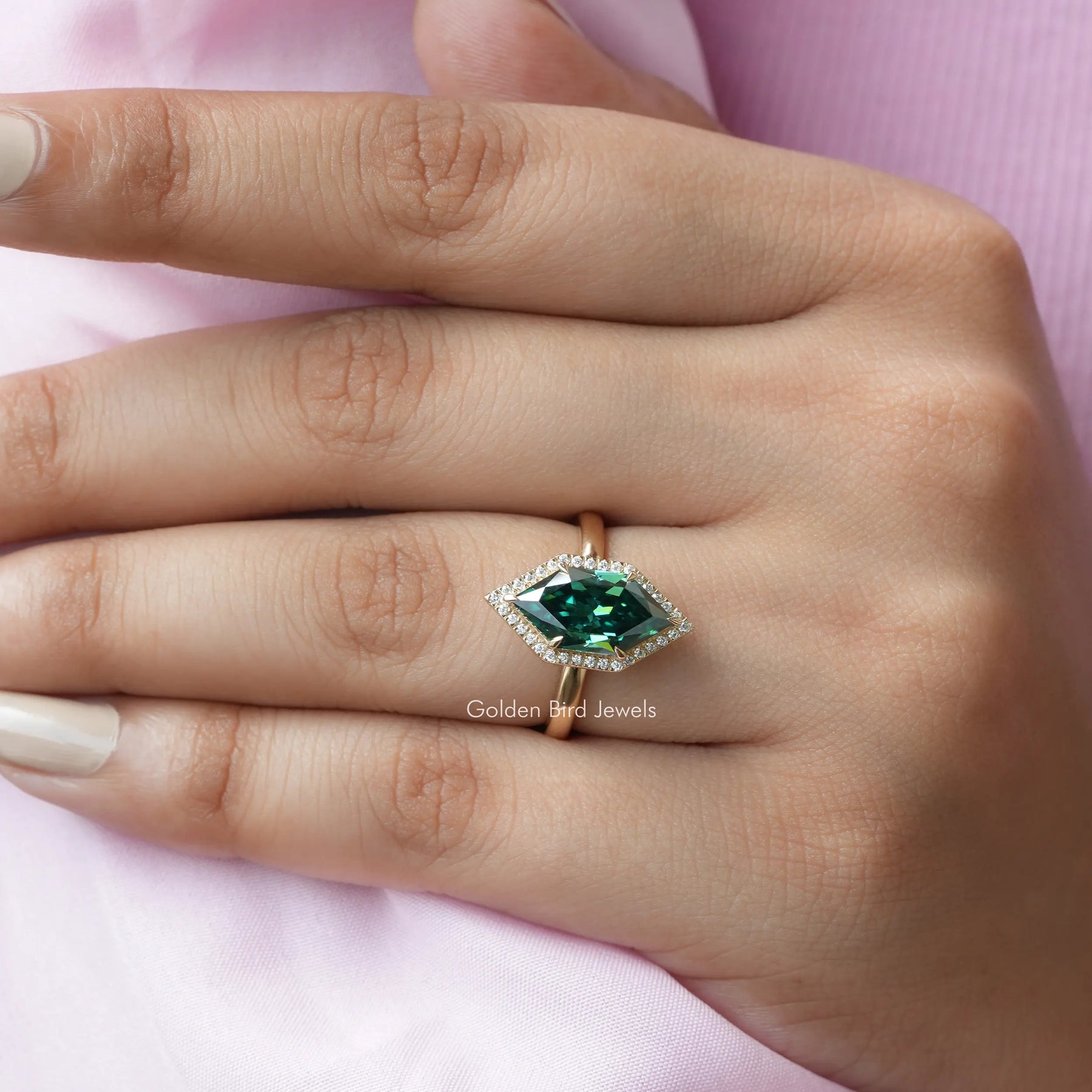 View of Dutch Marquise Shape Moissanite Halo Engagement Ring In Yellow Gold