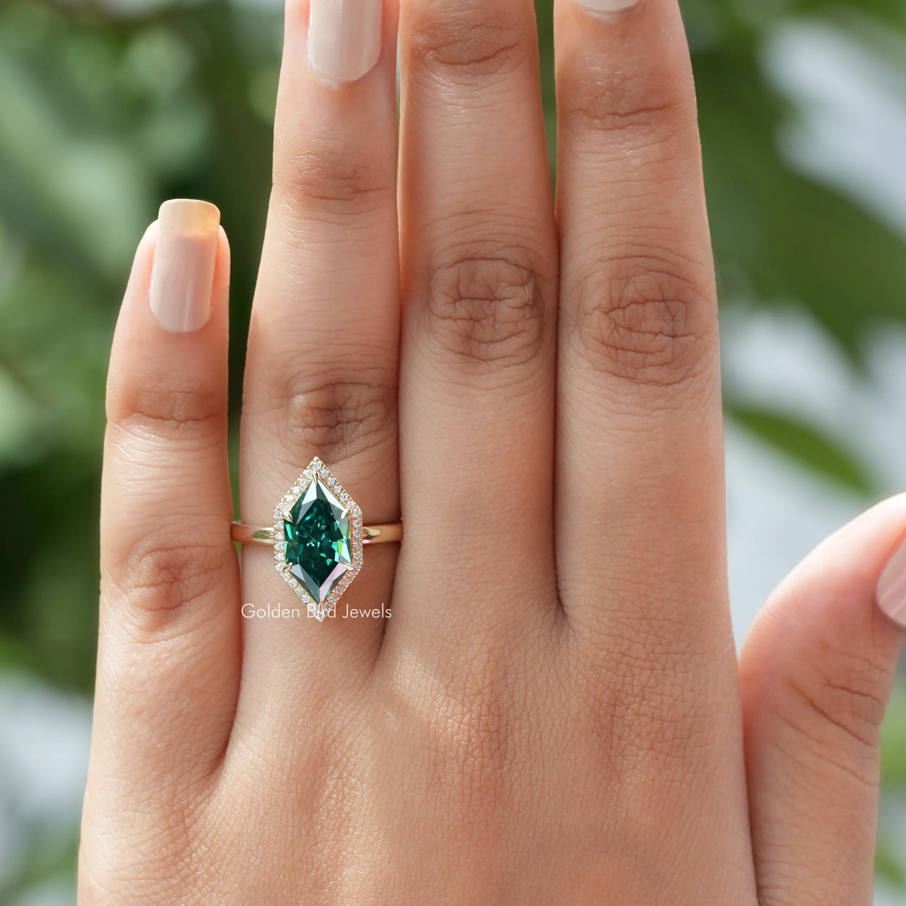View of Green Dutch Marquise Cut Moissanite Engagement Ring In Yellow Gold