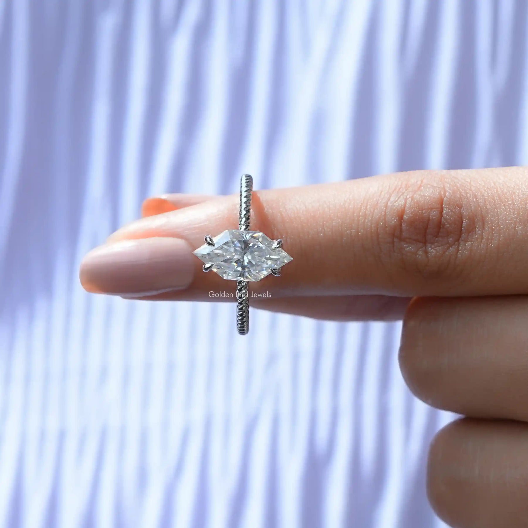 In Finger front view of Dutch Marquise Moissanite Ring In white gold