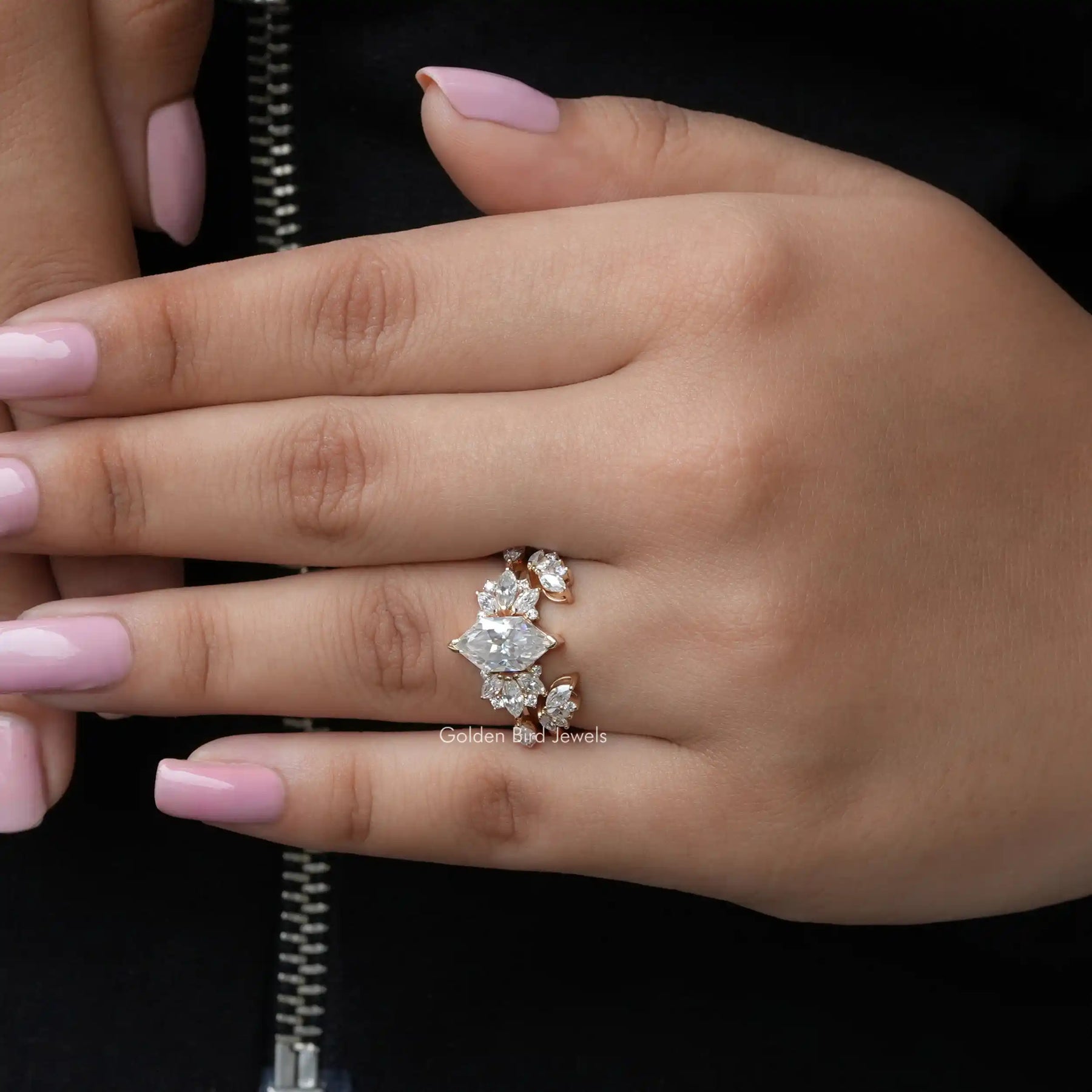 View of Dutch Marquise Cut Engagement Ring Set In Yellow Gold