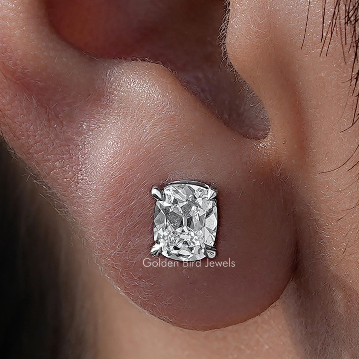 Close Up View Of Old Mine Cushion Cut Diamond Solitaire Stud Earrings