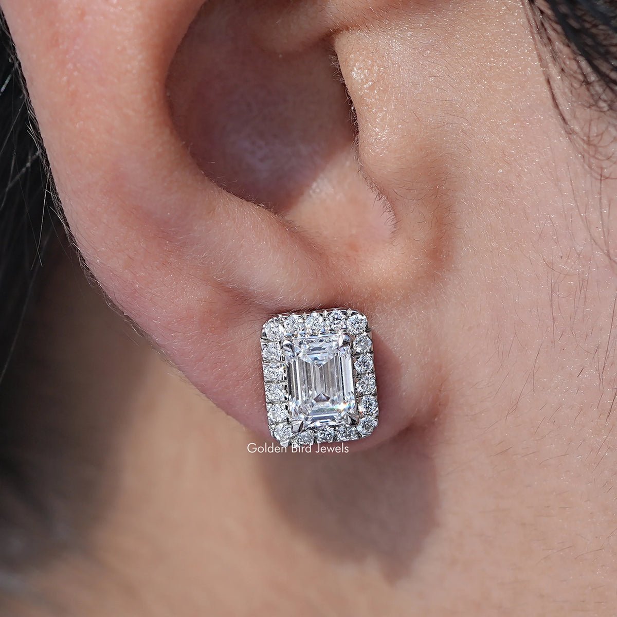 Close up view of Lab Grown Emerald Cut Diamond Halo Earrings