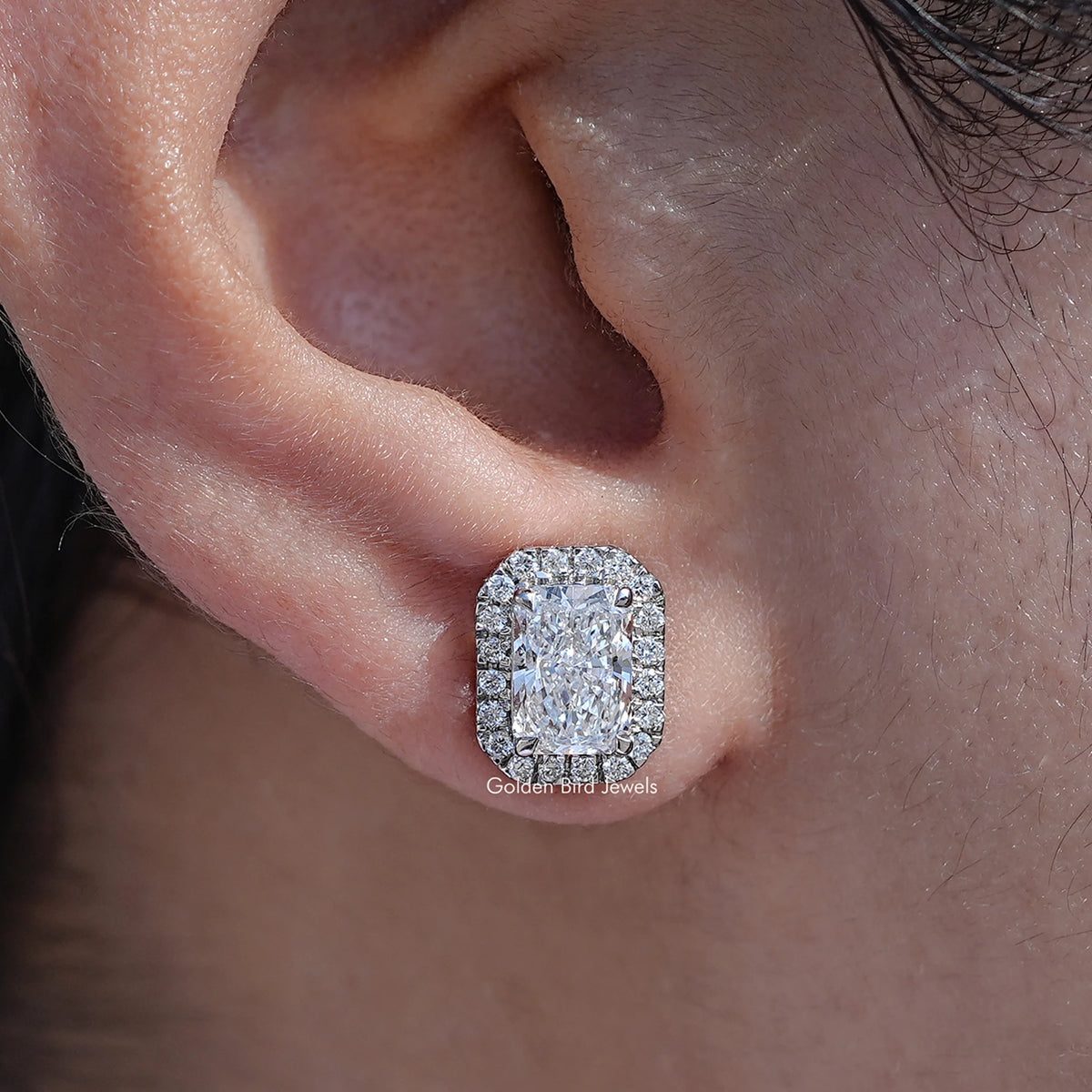 close up view of Radiant Cut Lab Diamond Halo Stud Earrings
