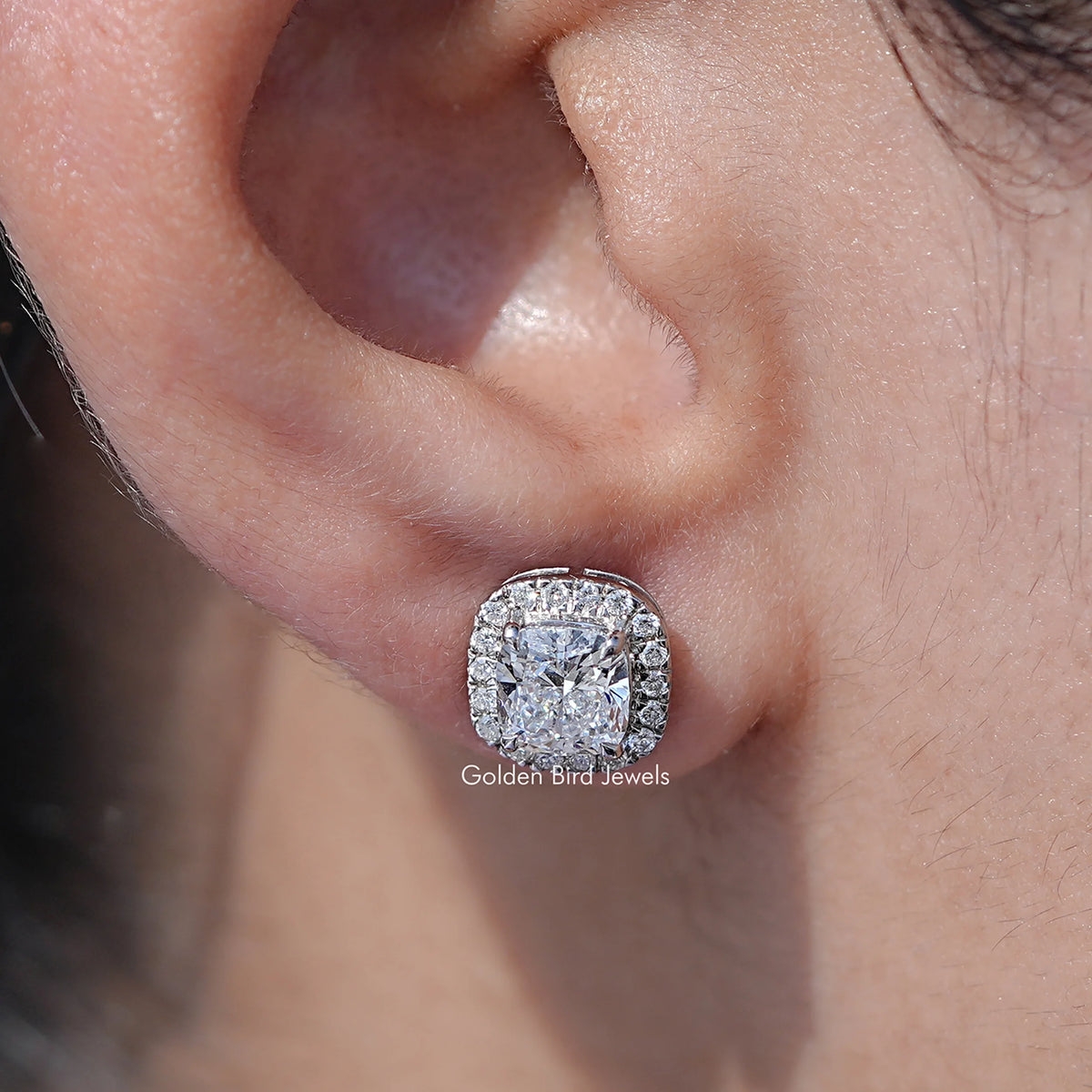 close up view of Cushion Cut Lab Diamond Halo Stud Earrings