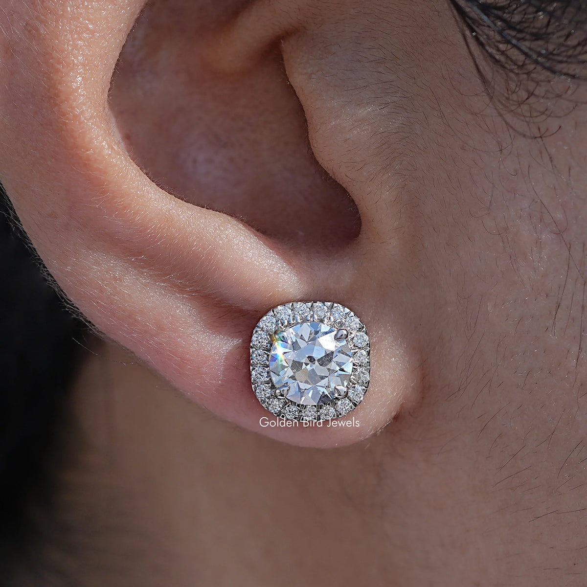 close up view of Old European Round Lab Diamond Halo Stud Earrings