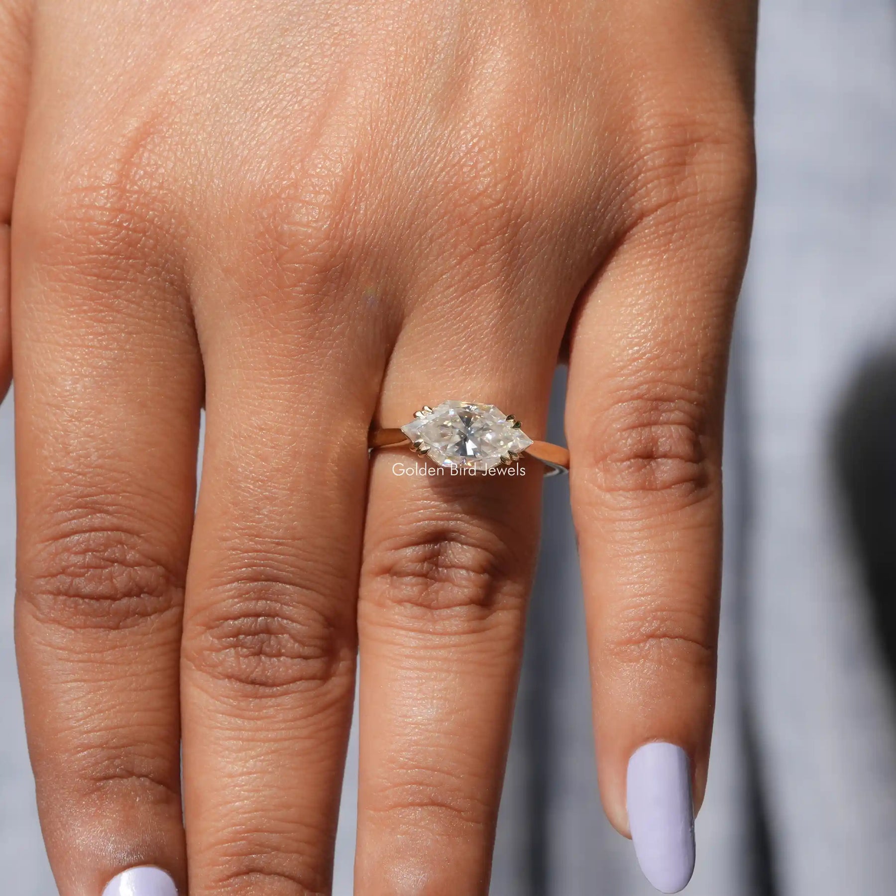 Detailed View of Dutch Marquise Moissanite Solitaire Ring In Yellow Gold