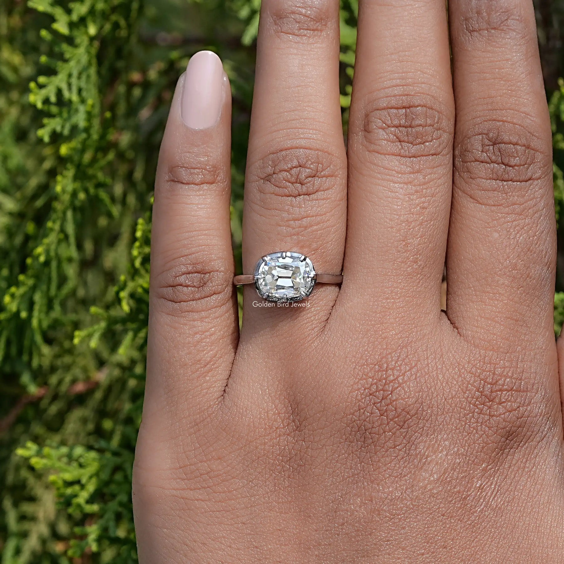 In front view of moissanite cushion cut Ring