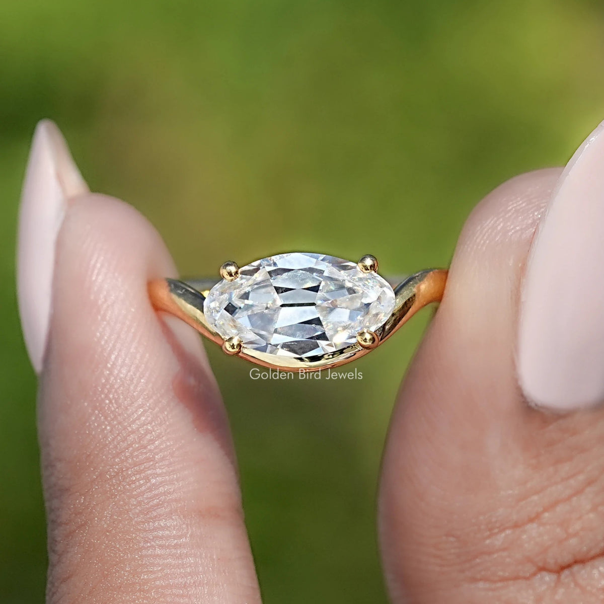 East West Old Mine Moval Cut Moissanite Solitaire Ring