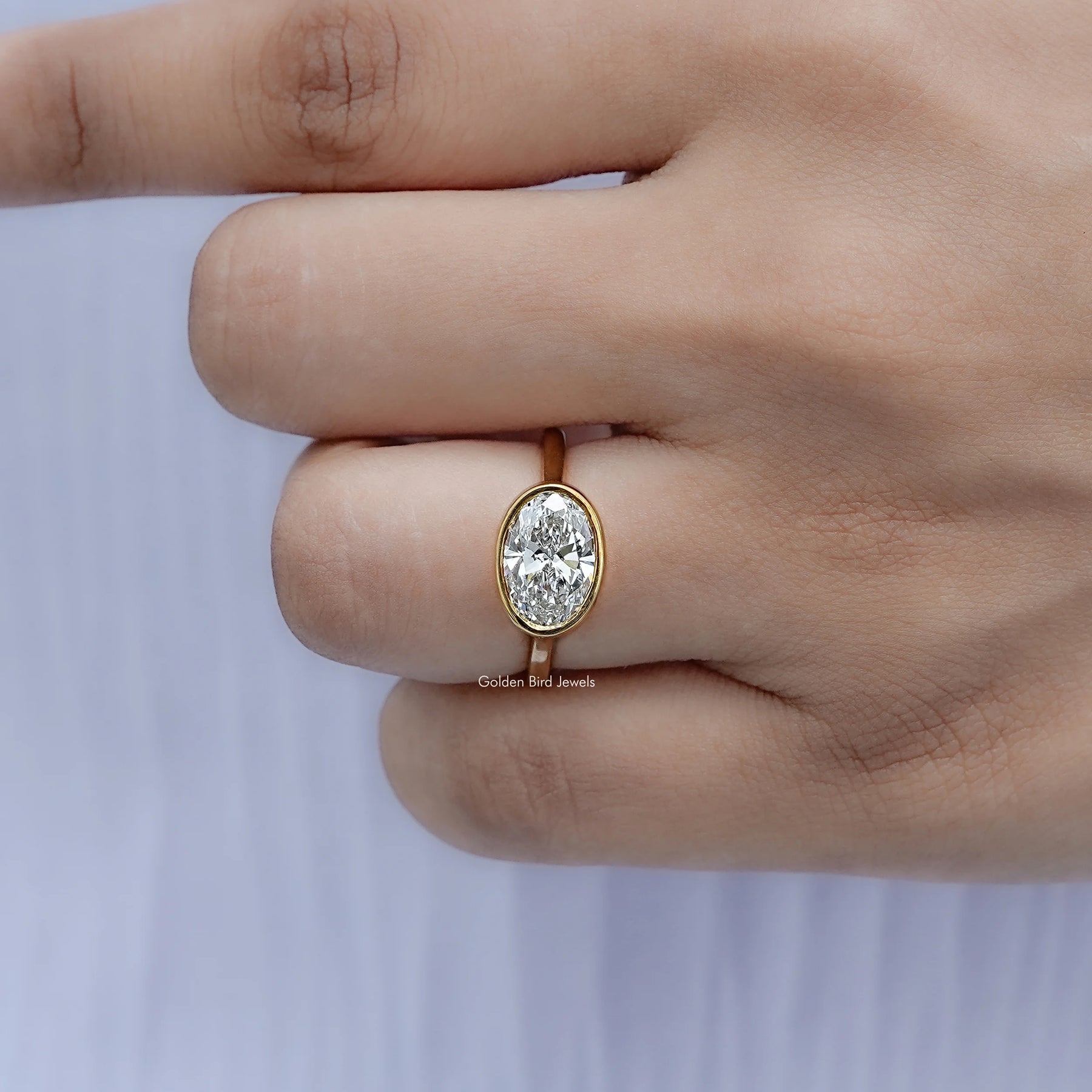 Detailed view of East West Oval Diamond Bezel Set Ring