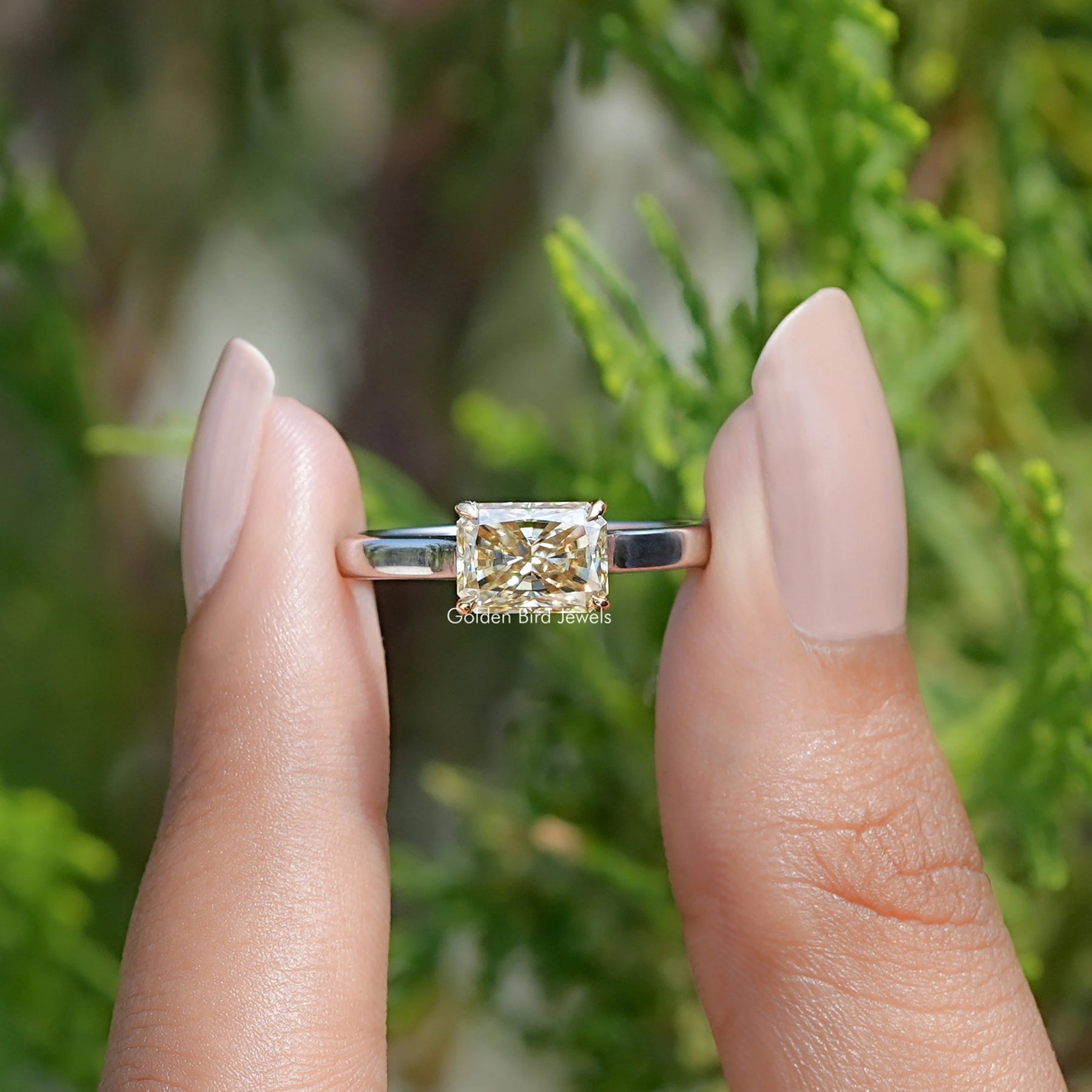 View Of East West Yellow Radiant moissanite Solitaire Ring