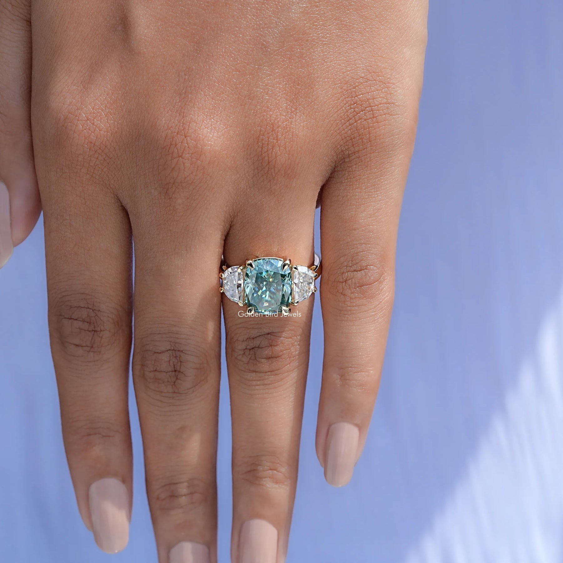 Elongated Green Cushion Cut Moissanite Three Stone Ring
