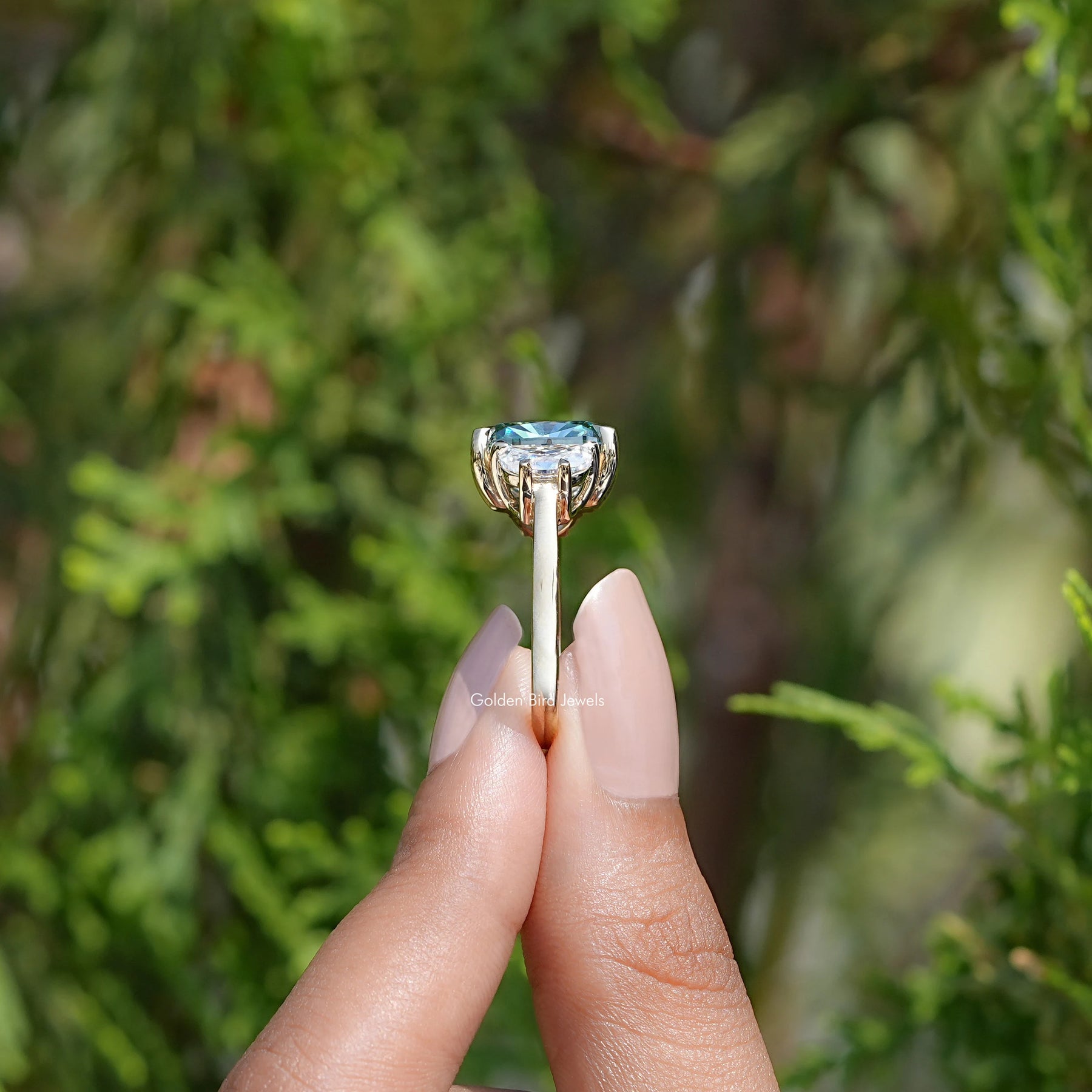 Elongated Green Cushion Cut Moissanite Three Stone Ring