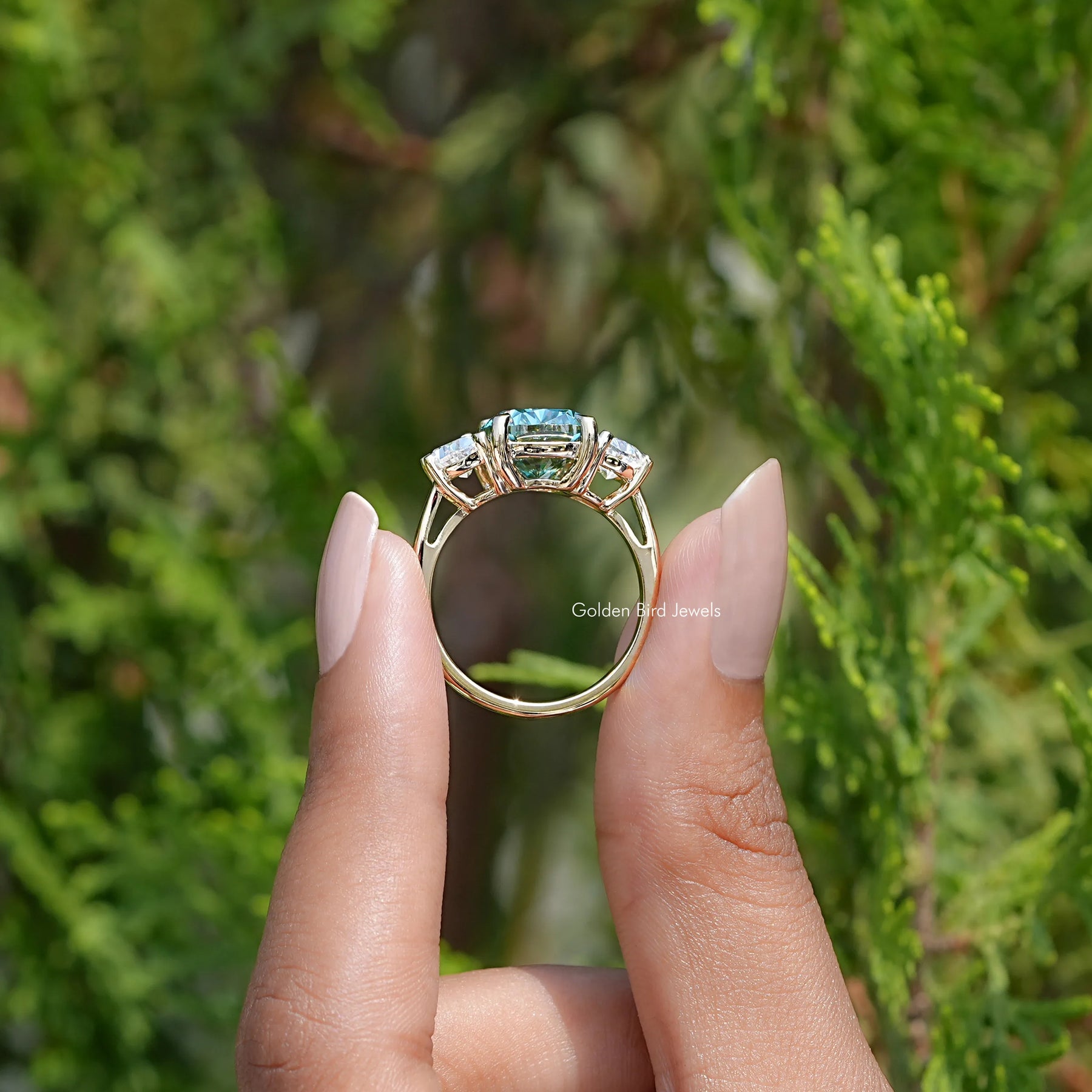 Elongated Green Cushion Cut Moissanite Three Stone Ring