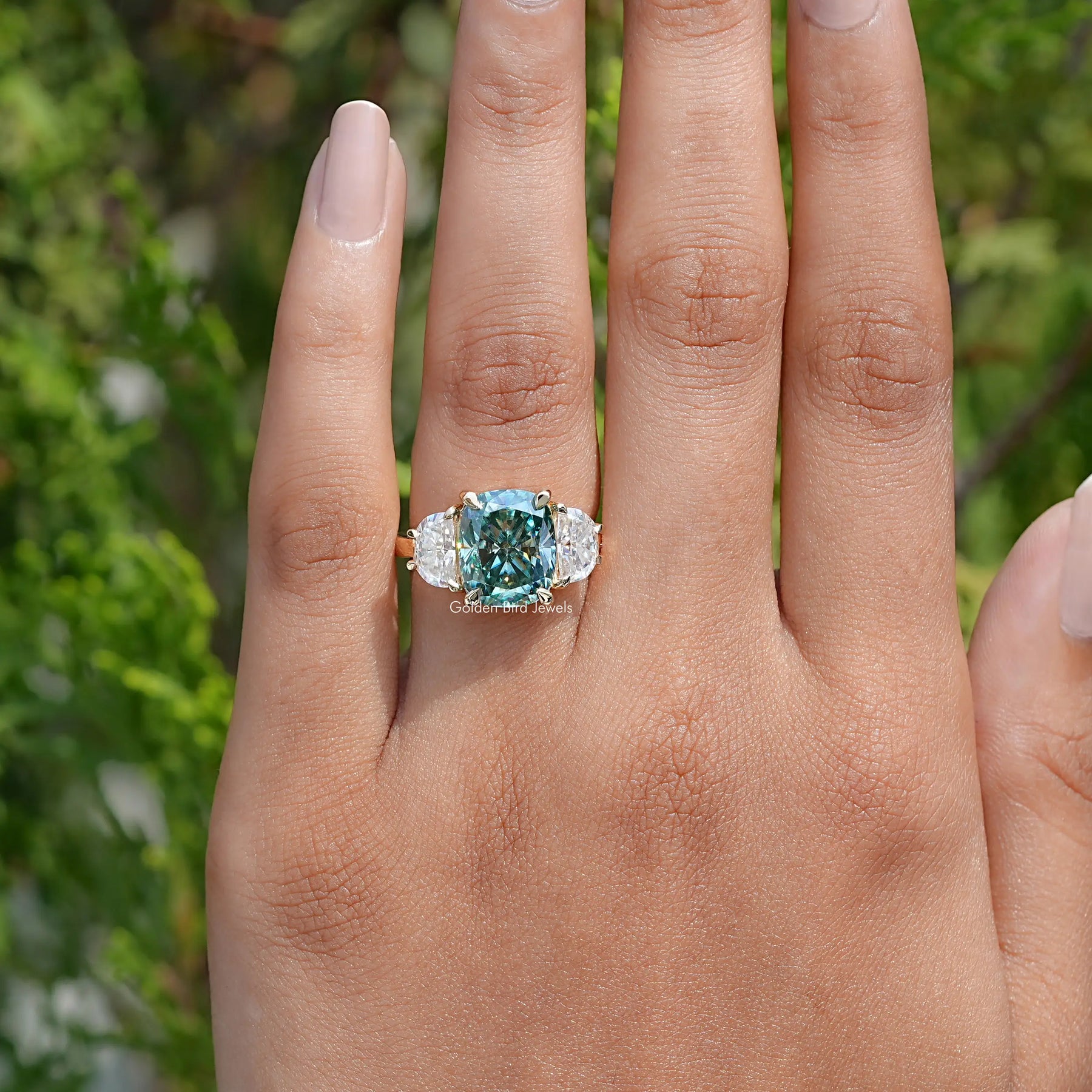 Elongated Green Cushion Cut Moissanite Three Stone Ring