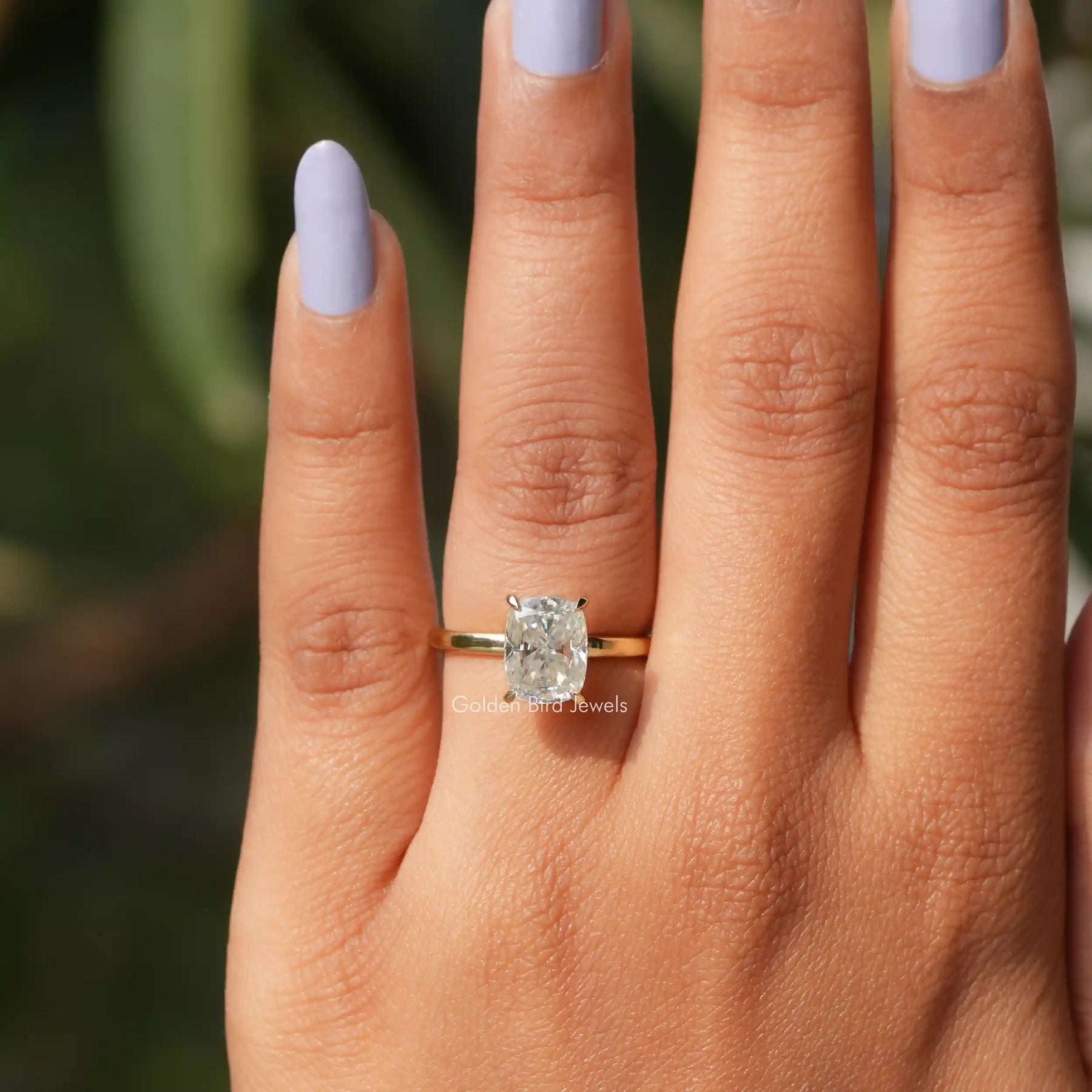 Detailed View Of Cushion Cut Moissanite Ring In Yellow Gold