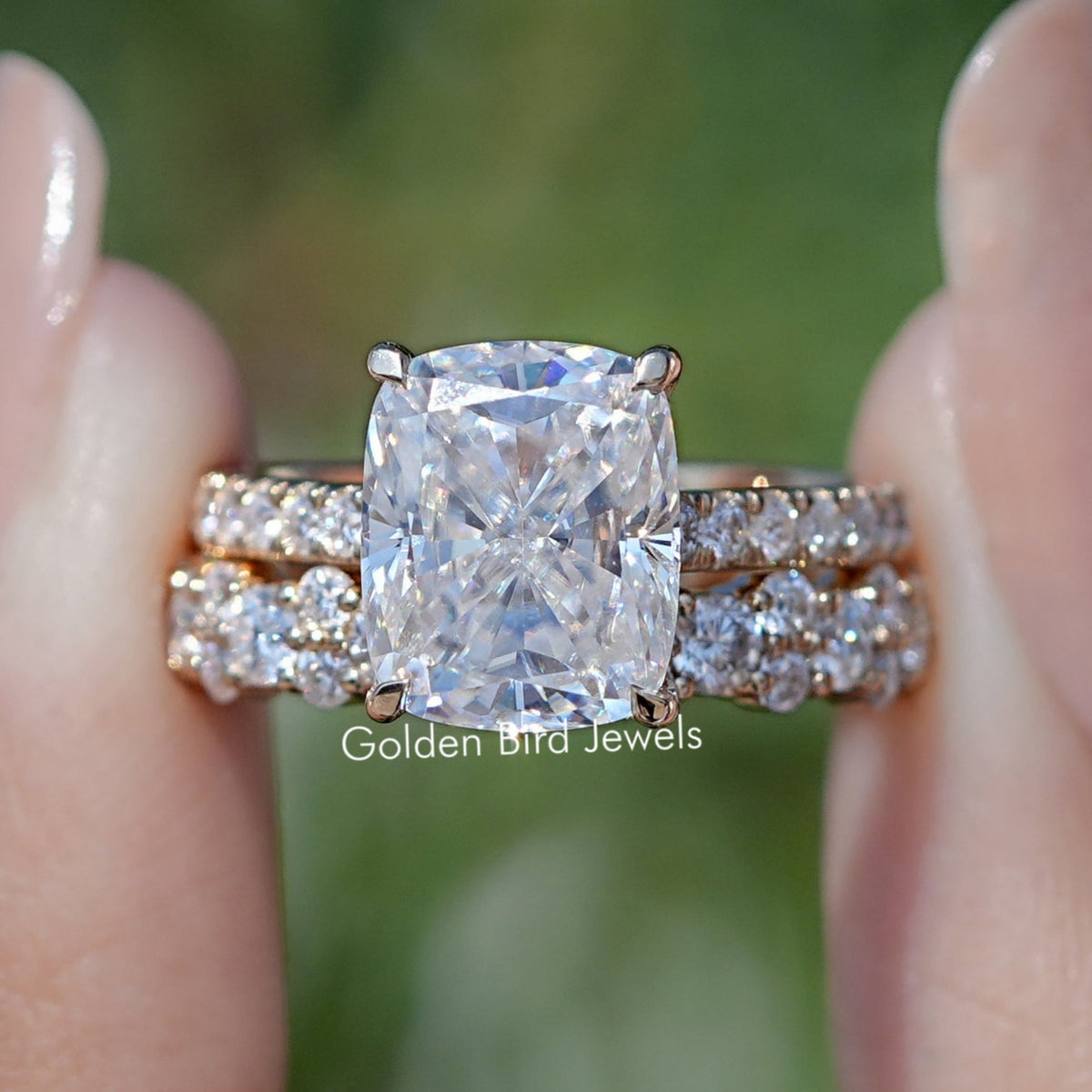 Elongated Cushion Cut Moissanite Ring Set