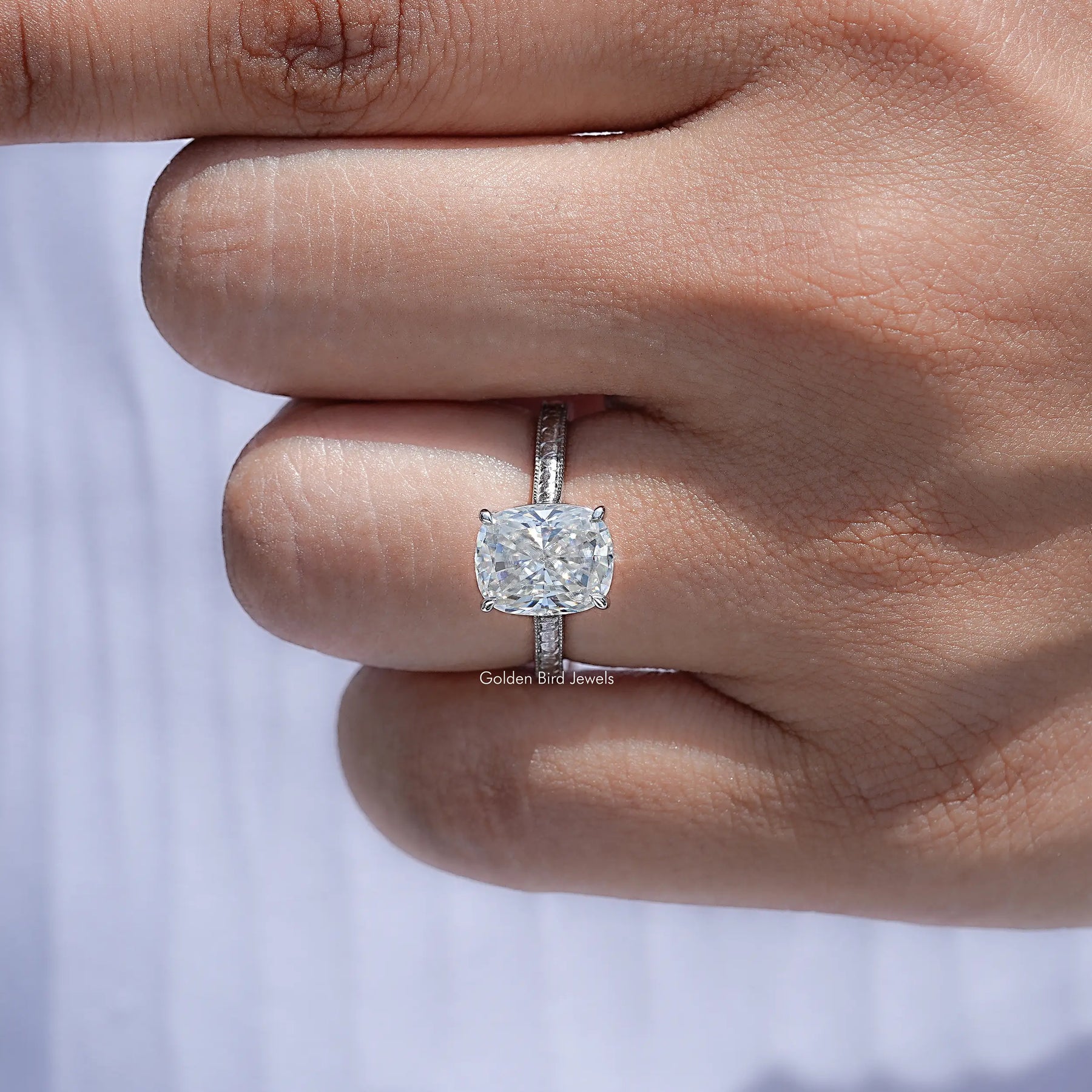 Close view of Elongated Cushion Cut Solitaire Ring